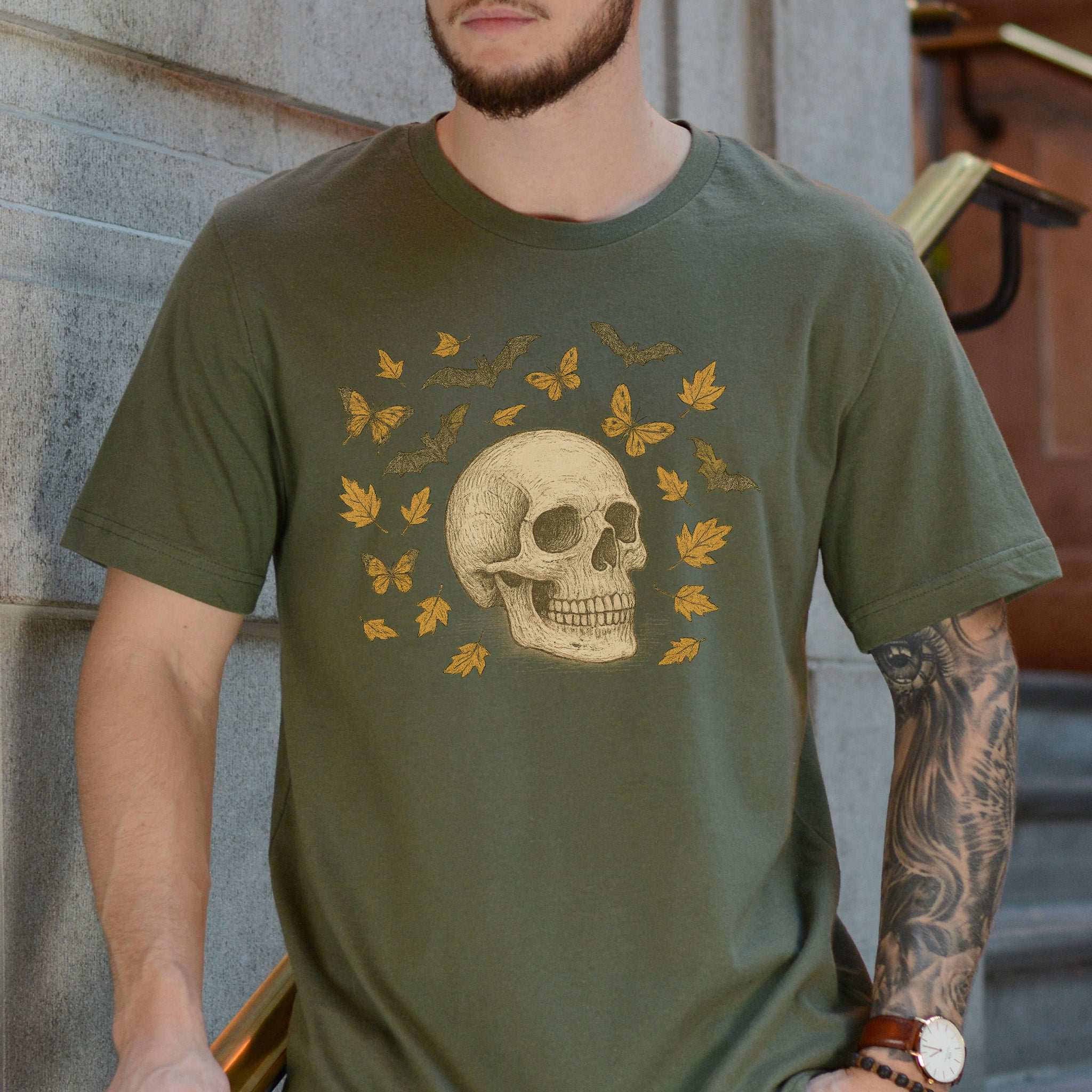 Autumn Skull T-Shirt – Vintage Bats, Butterflies & Fall Leaves