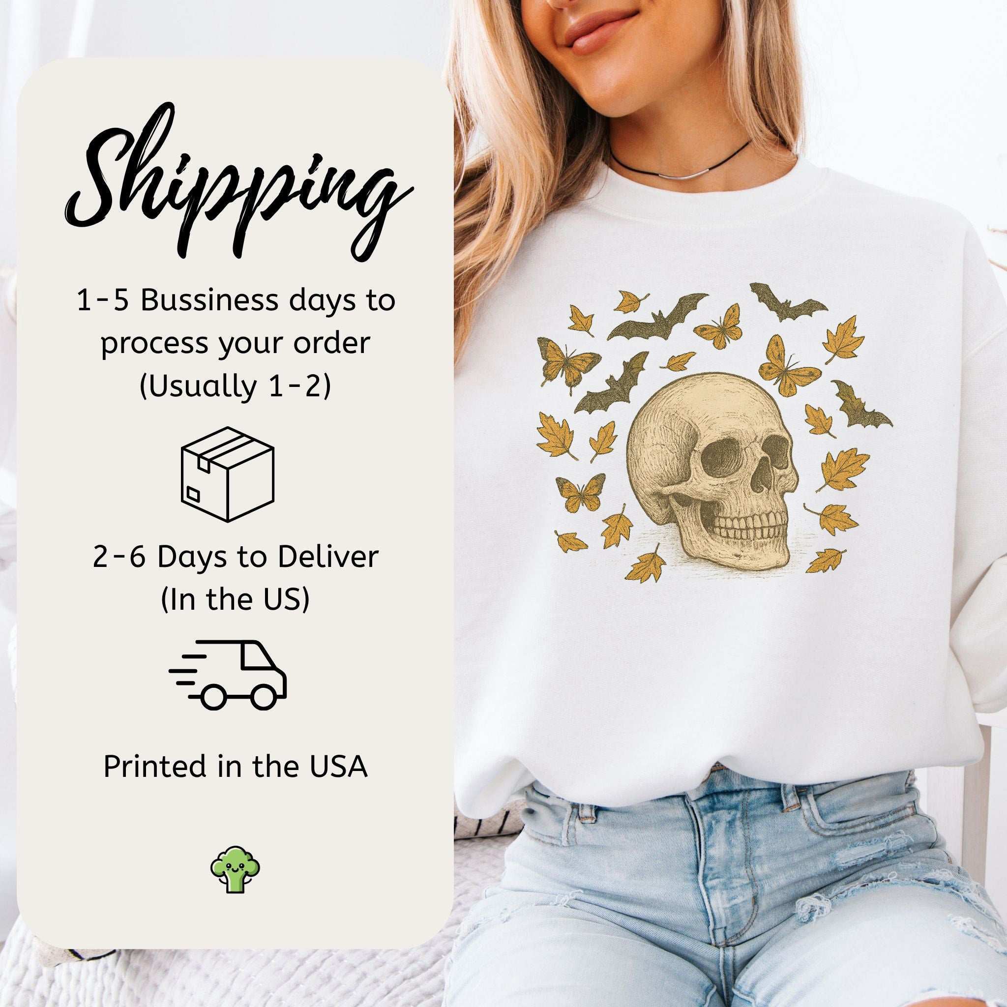 Autumn Skull Sweatshirt – Vintage Bats, Butterflies & Fall Leaves