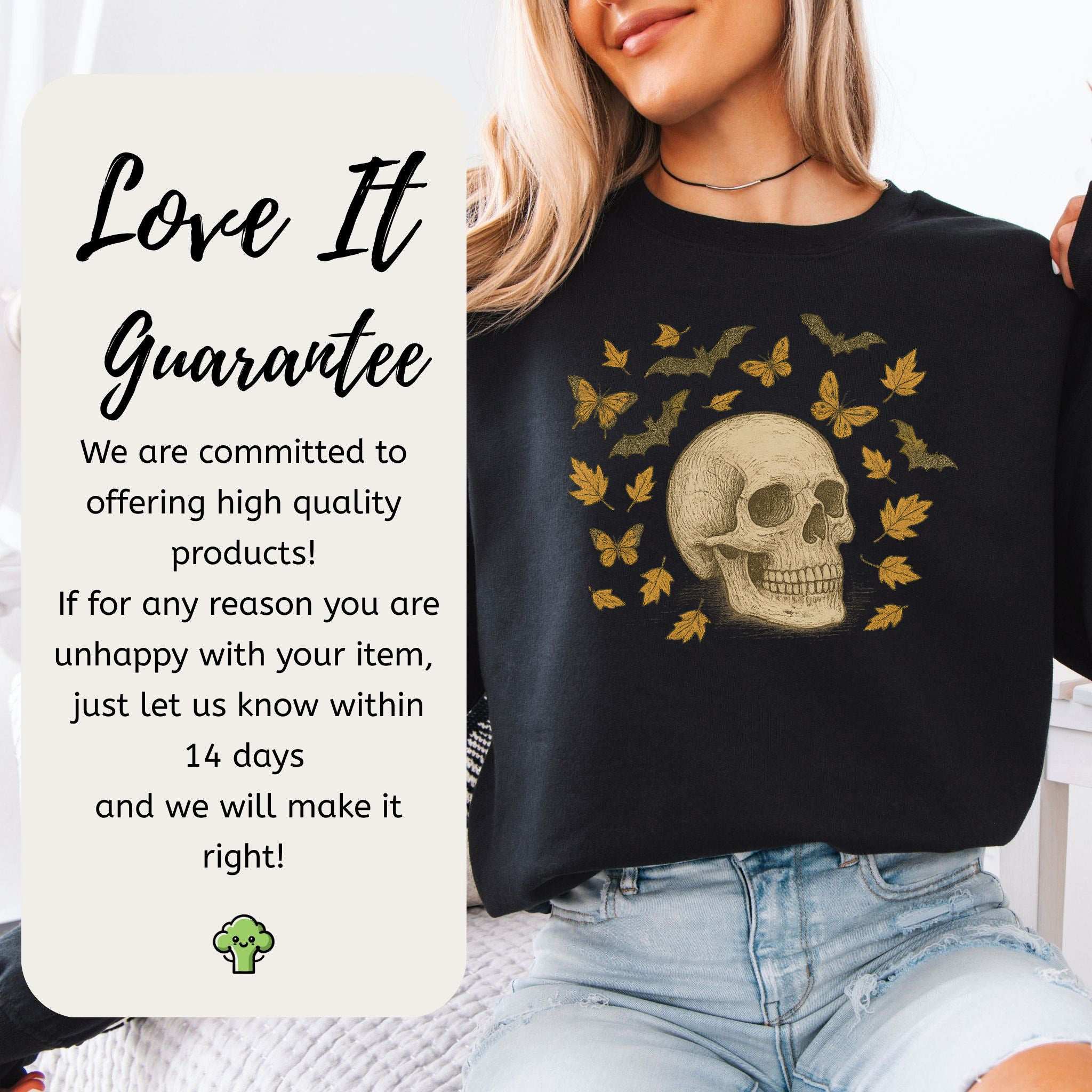 Autumn Skull Sweatshirt – Vintage Bats, Butterflies & Fall Leaves