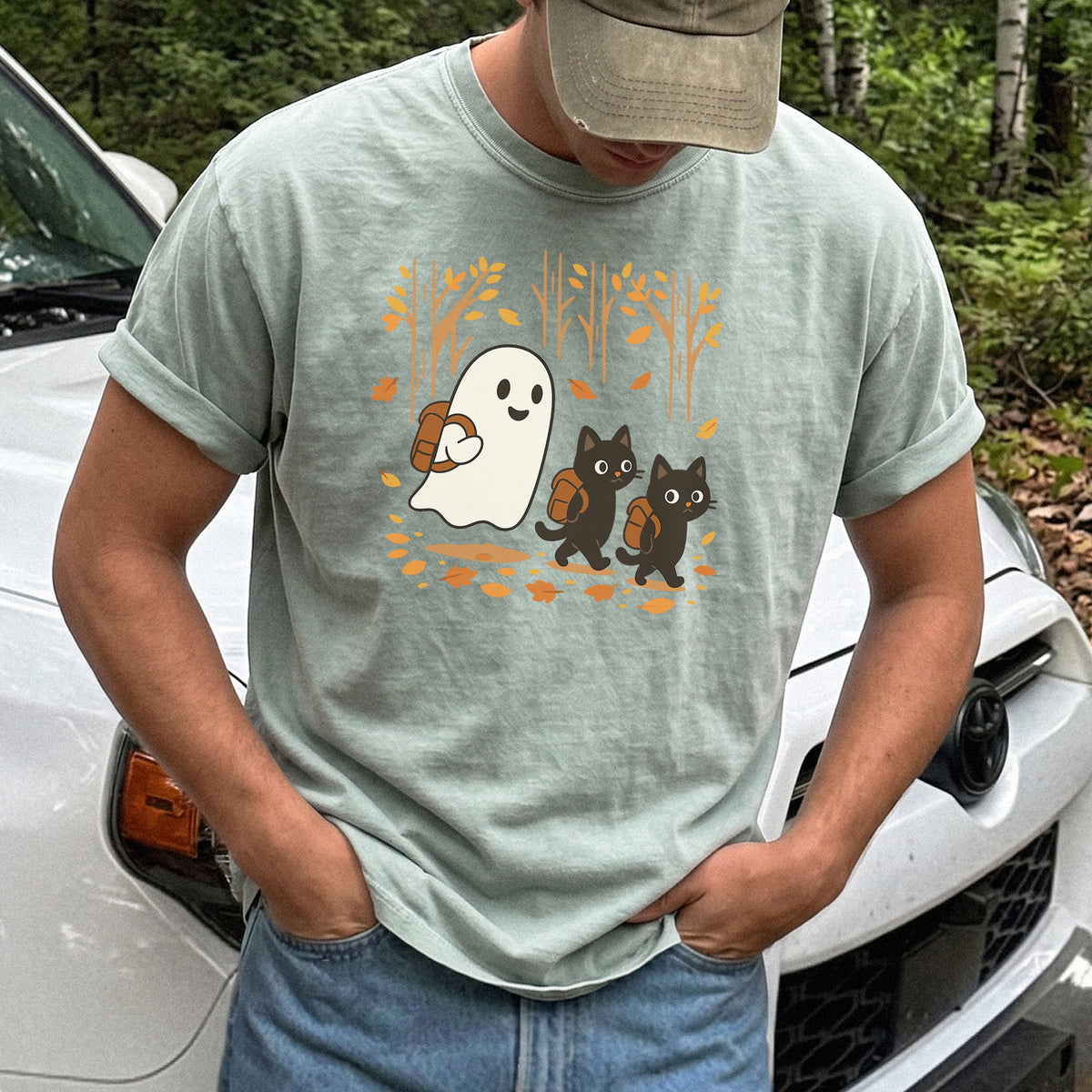 Autumn Ghost & Black Cats Comfort Colors Shirt – Cozy Spooky Hiking Vibes