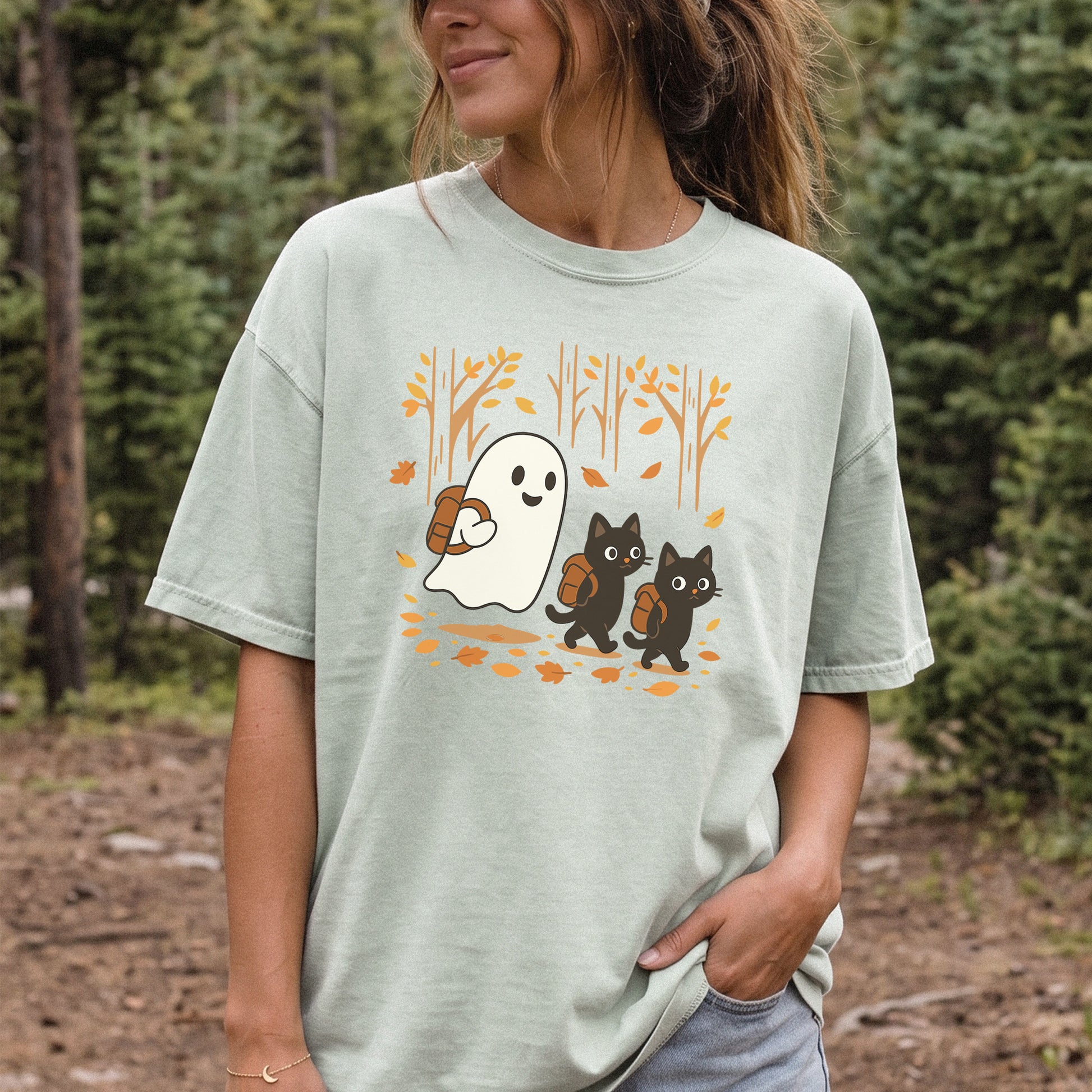 Autumn Ghost & Black Cats Comfort Colors Shirt – Cozy Spooky Hiking Vibes