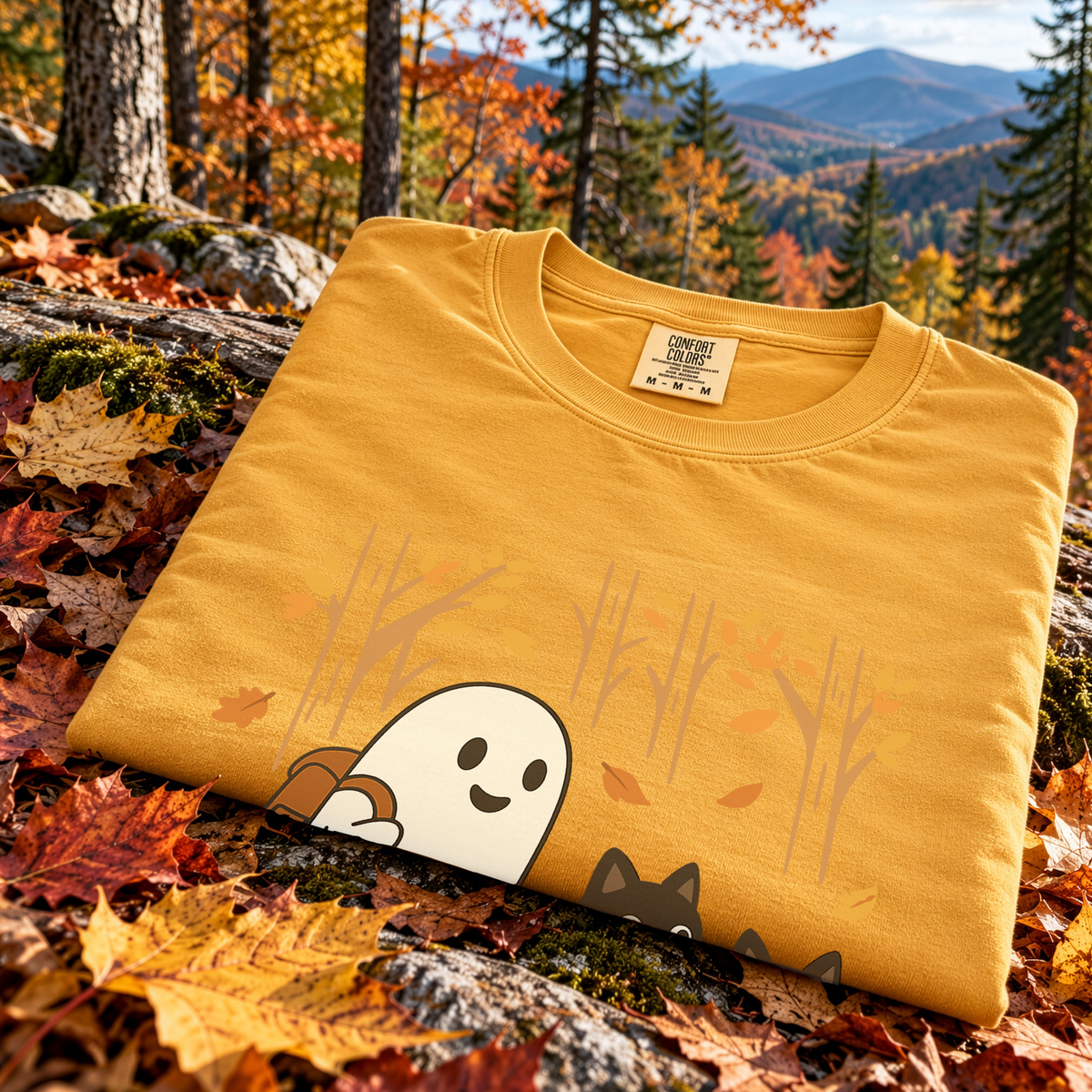 Autumn Ghost & Black Cats Comfort Colors Shirt – Cozy Spooky Hiking Vibes