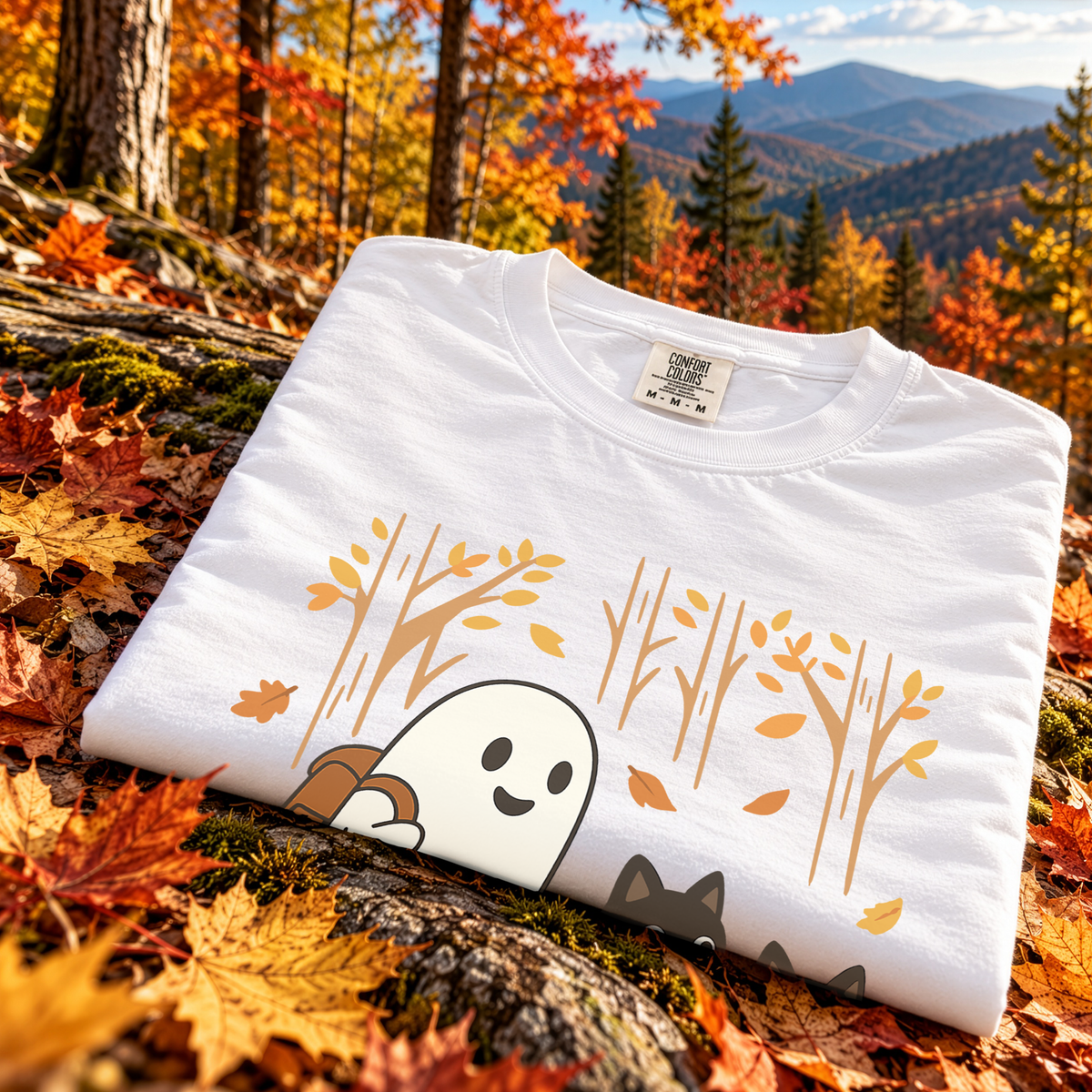 Autumn Ghost & Black Cats Comfort Colors Shirt – Cozy Spooky Hiking Vibes