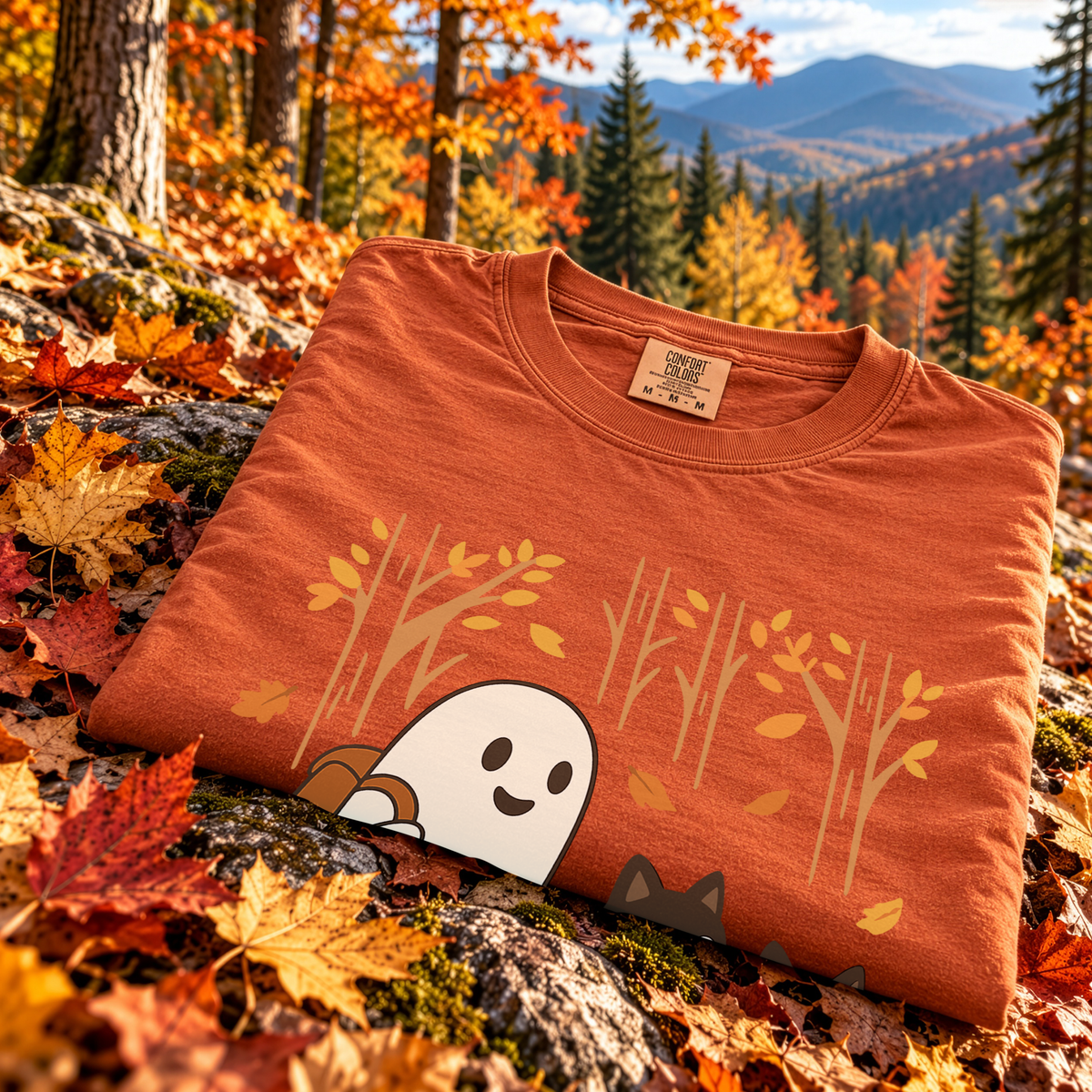 Autumn Ghost & Black Cats Comfort Colors Shirt – Cozy Spooky Hiking Vibes