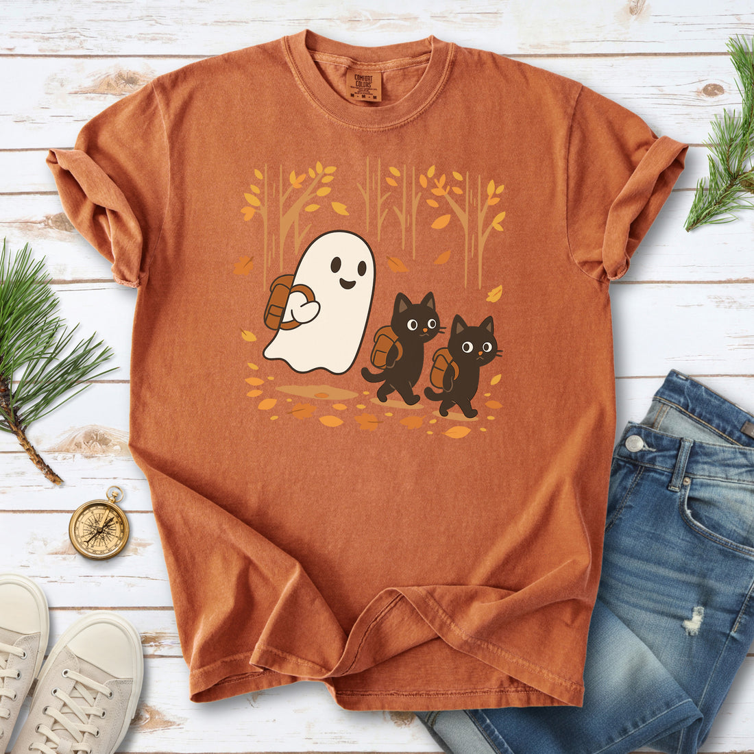 Autumn Ghost & Black Cats Comfort Colors Shirt – Cozy Spooky Hiking Vibes