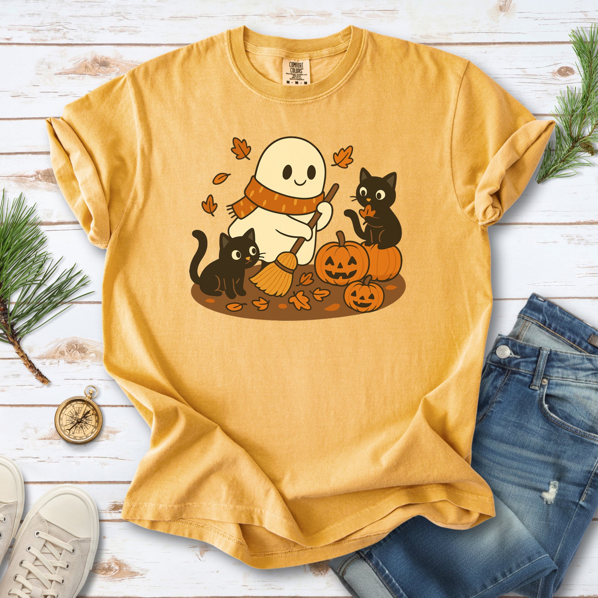 Autumn Ghost & Black Cats Comfort Colors Shirt – Pumpkin Patch Cozy Vibes