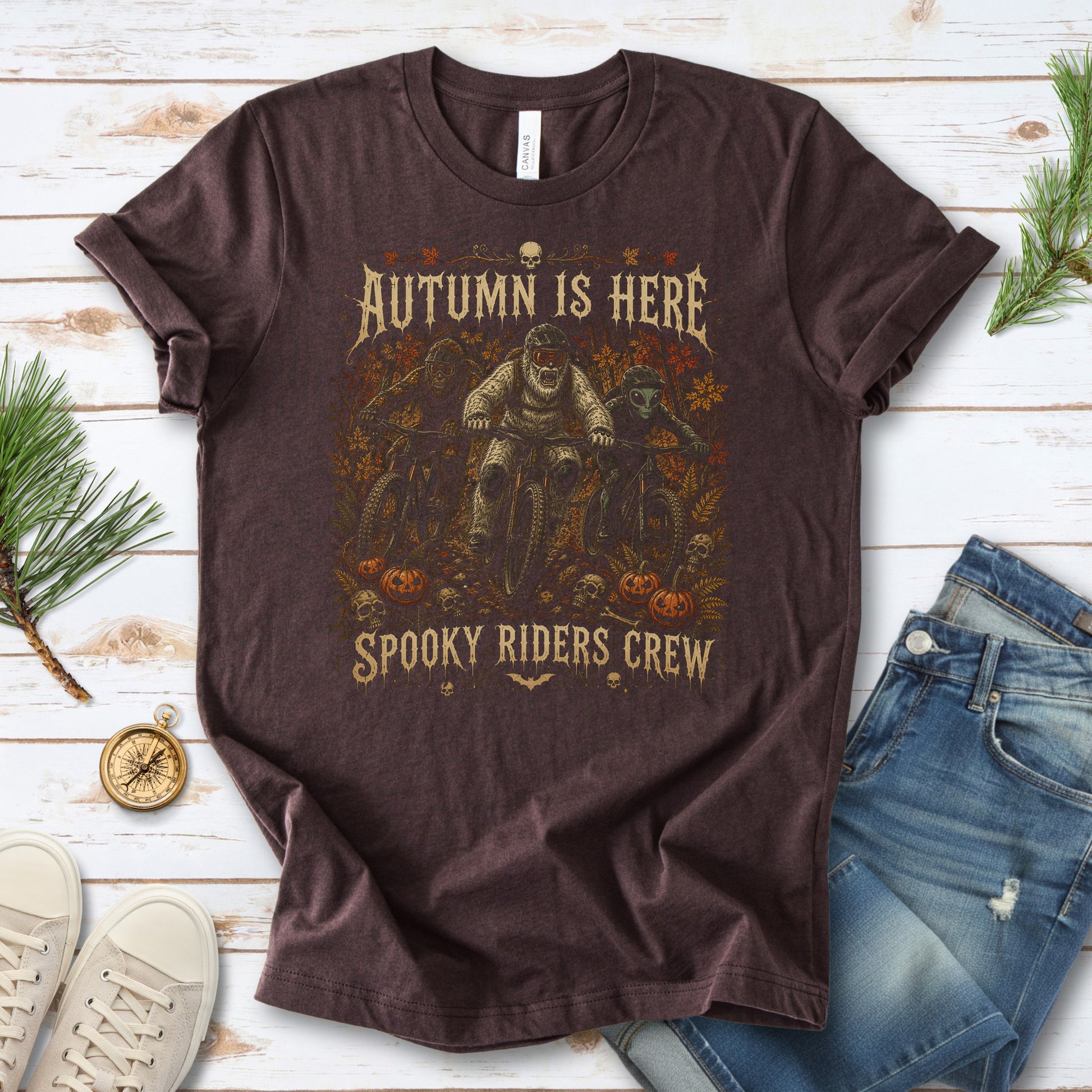 Autumn Is Here Spooky Riders Crew Bigfoot Yeti Alien MTB Halloween T-Shirt