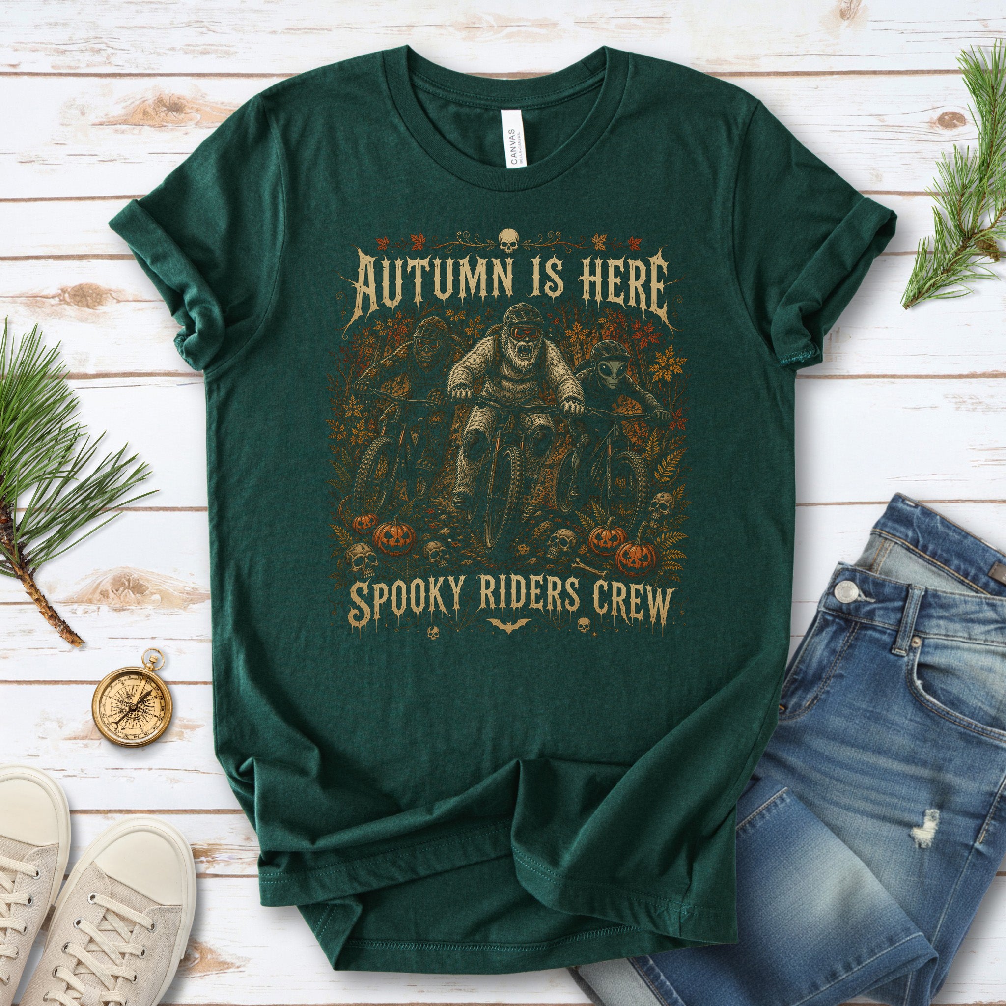 Autumn Is Here Spooky Riders Crew Bigfoot Yeti Alien MTB Halloween T-Shirt