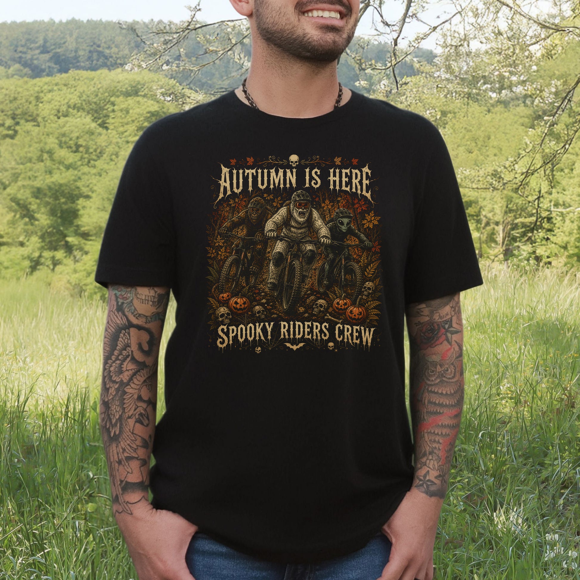 Autumn Is Here Spooky Riders Crew Bigfoot Yeti Alien MTB Halloween T-Shirt