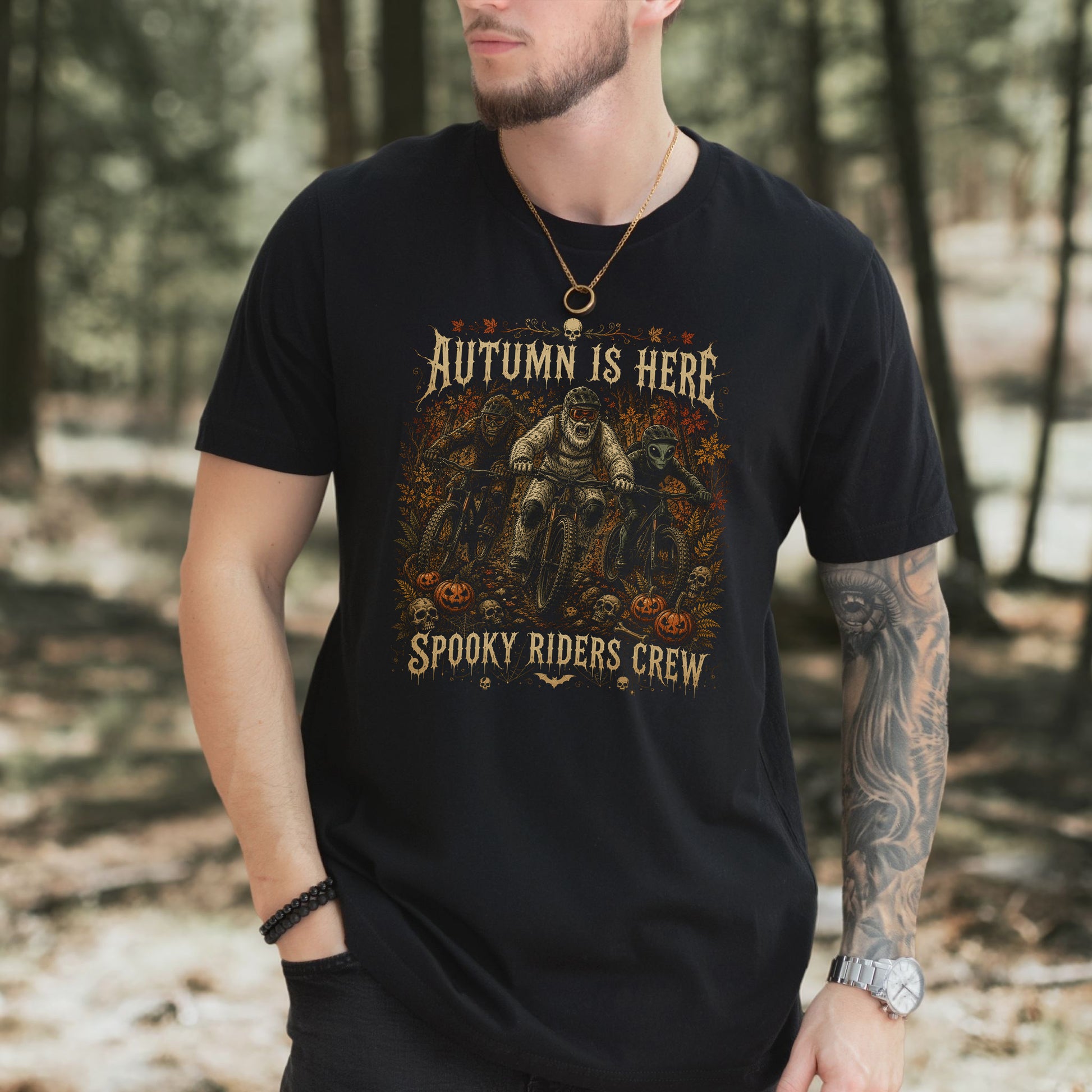 Autumn Is Here Spooky Riders Crew Bigfoot Yeti Alien MTB Halloween T-Shirt