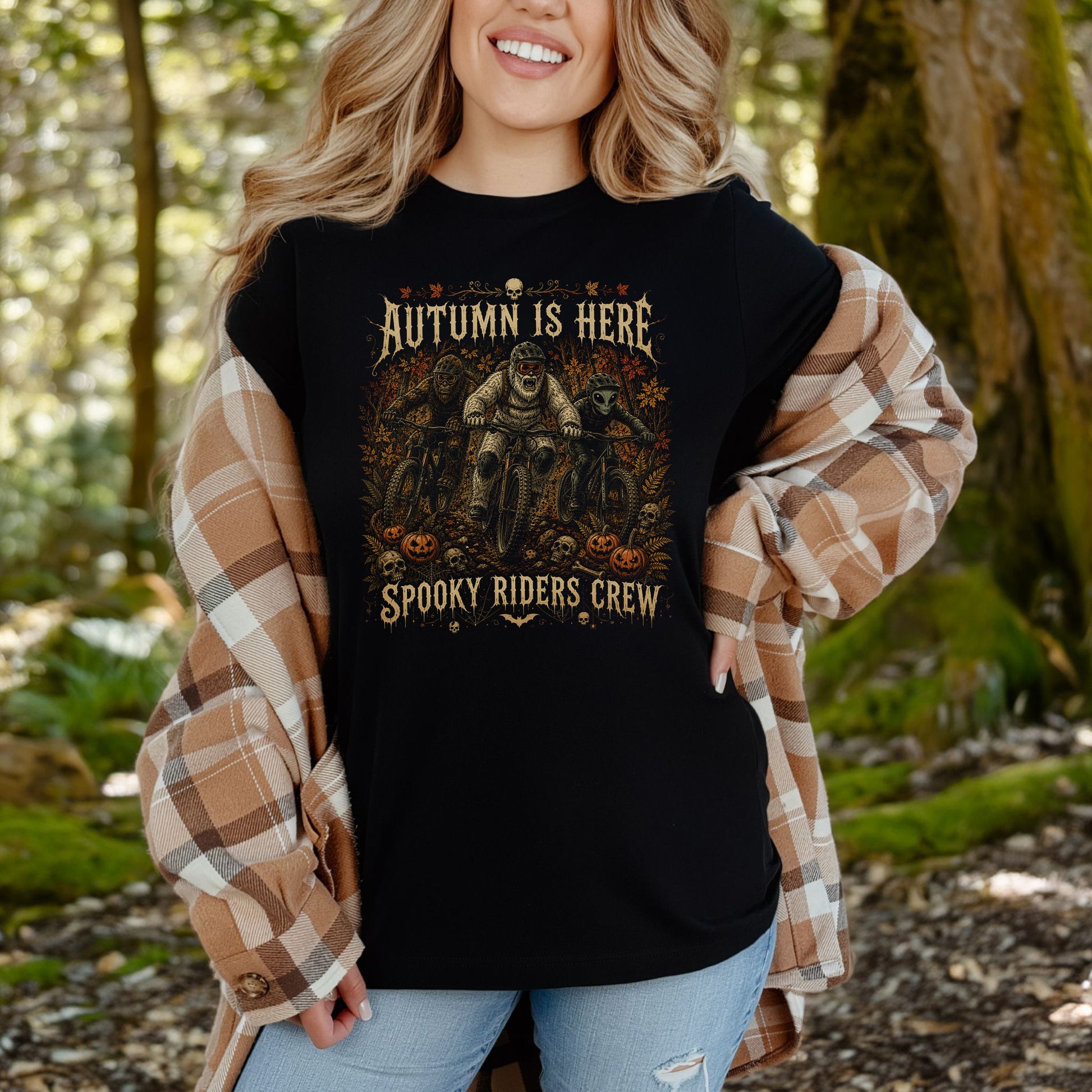 Autumn Is Here Spooky Riders Crew Bigfoot Yeti Alien MTB Halloween T-Shirt