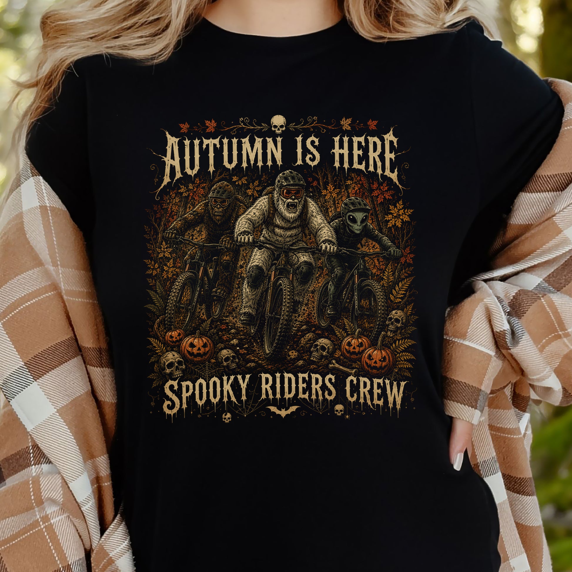 Autumn Is Here Spooky Riders Crew Bigfoot Yeti Alien MTB Halloween T-Shirt