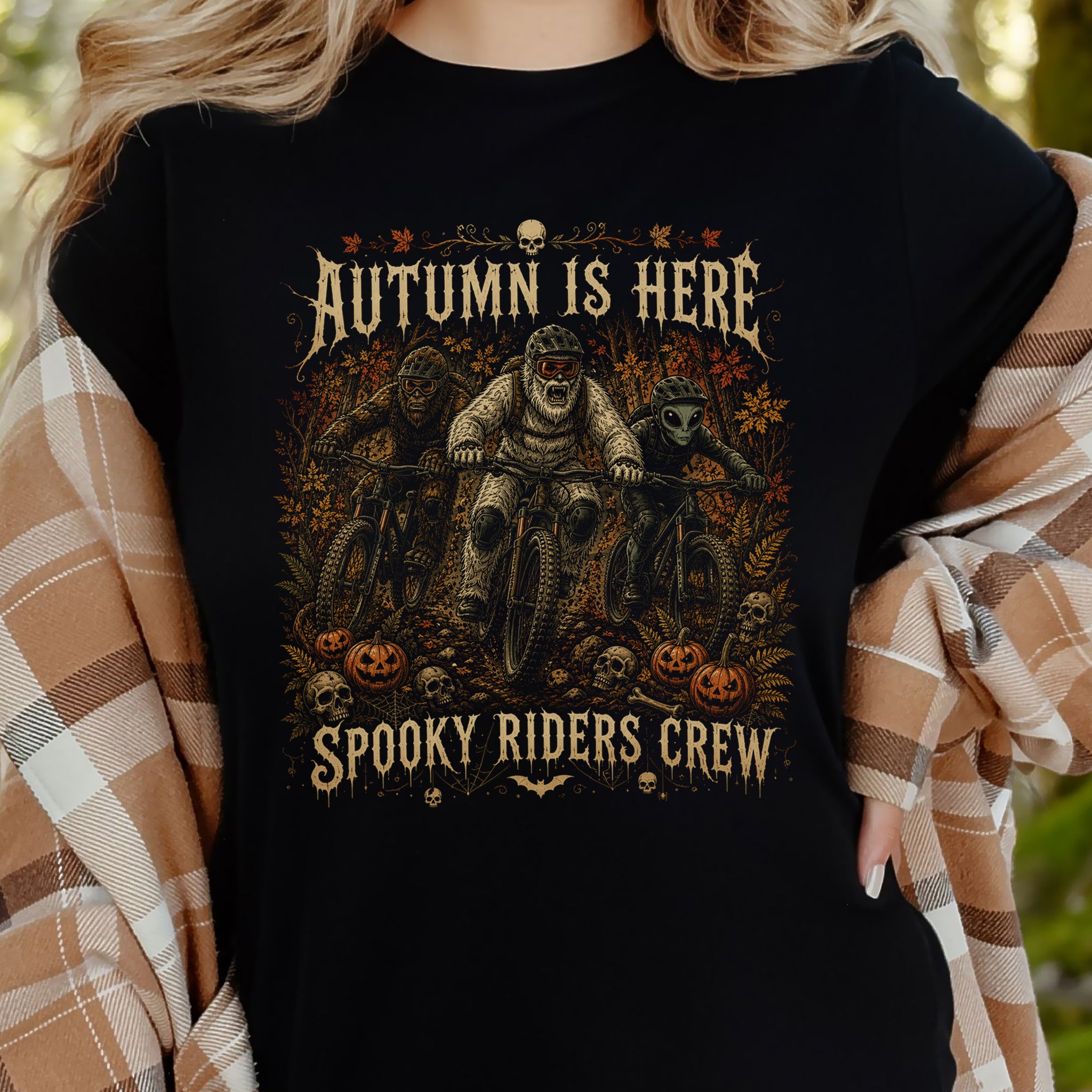 Autumn Is Here Spooky Riders Crew Bigfoot Yeti Alien MTB Halloween T-Shirt