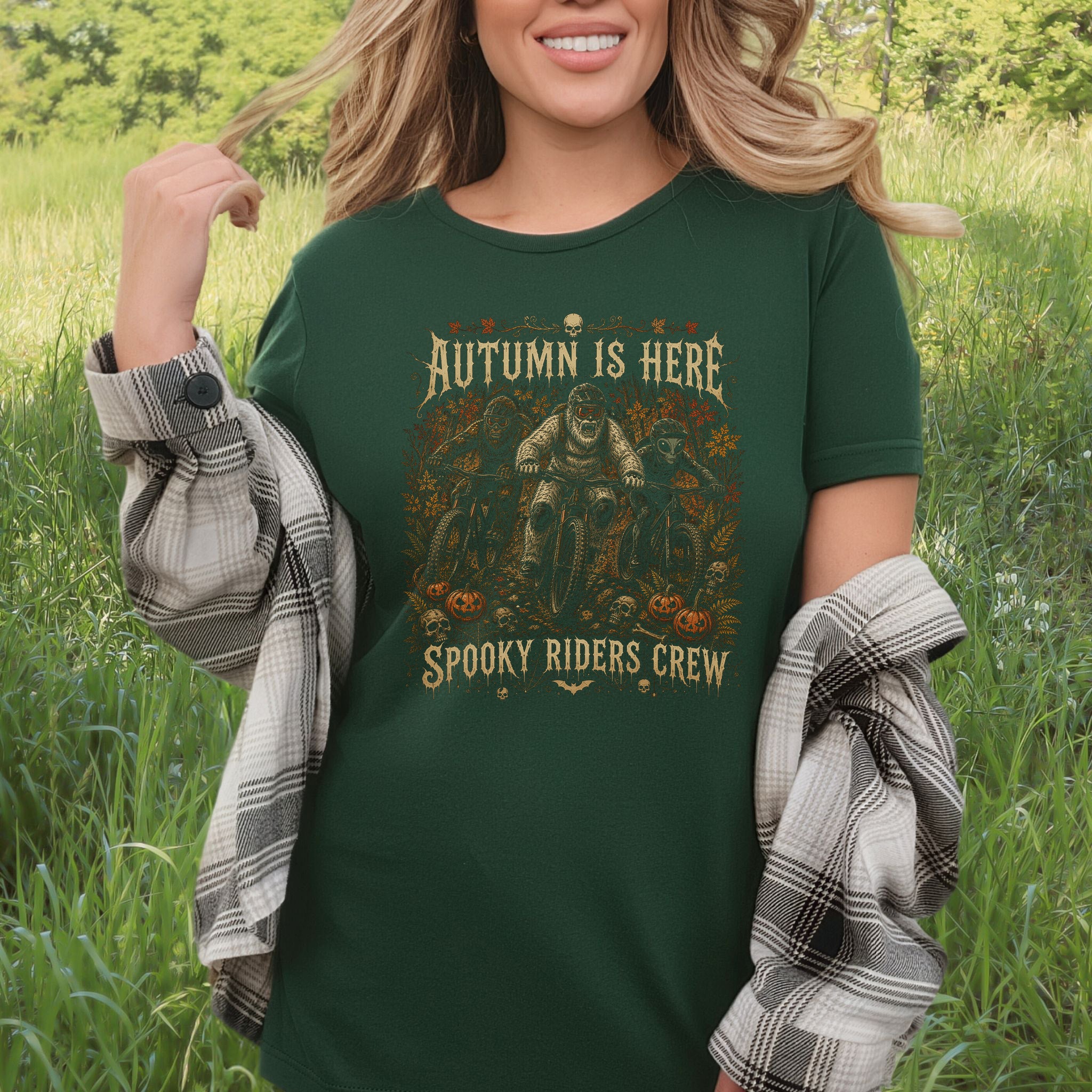 Autumn Is Here Spooky Riders Crew Bigfoot Yeti Alien MTB Halloween T-Shirt