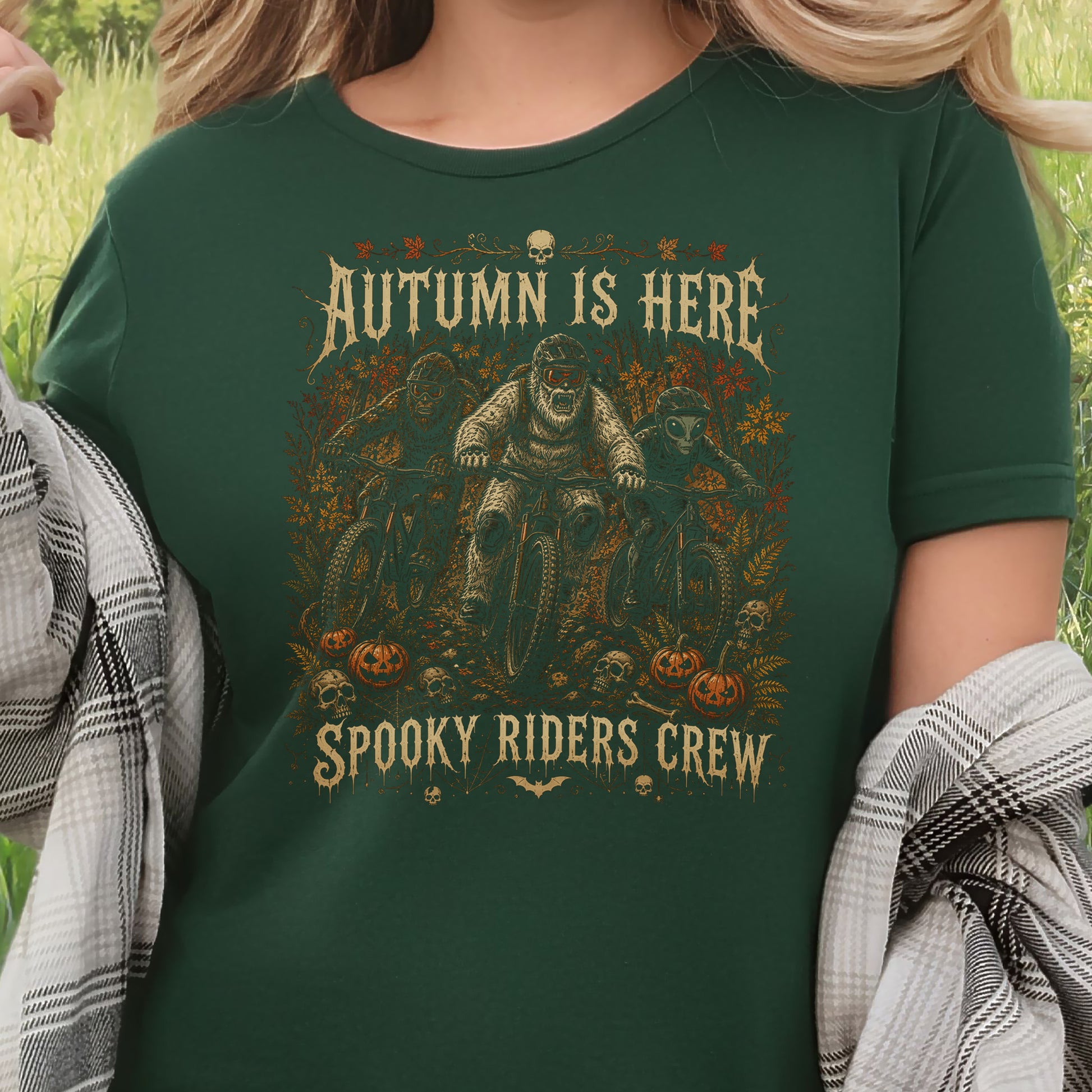 Autumn Is Here Spooky Riders Crew Bigfoot Yeti Alien MTB Halloween T-Shirt