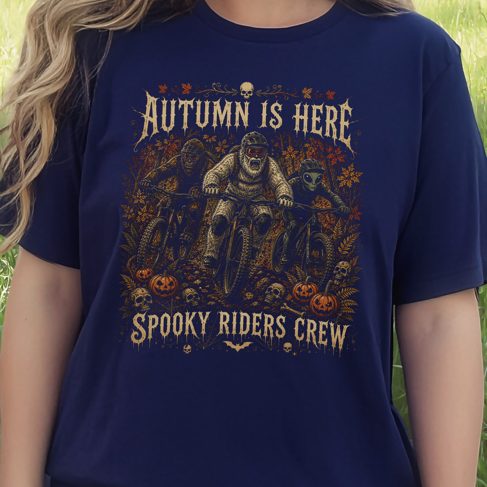 Autumn Is Here Spooky Riders Crew Bigfoot Yeti Alien MTB Halloween T-Shirt