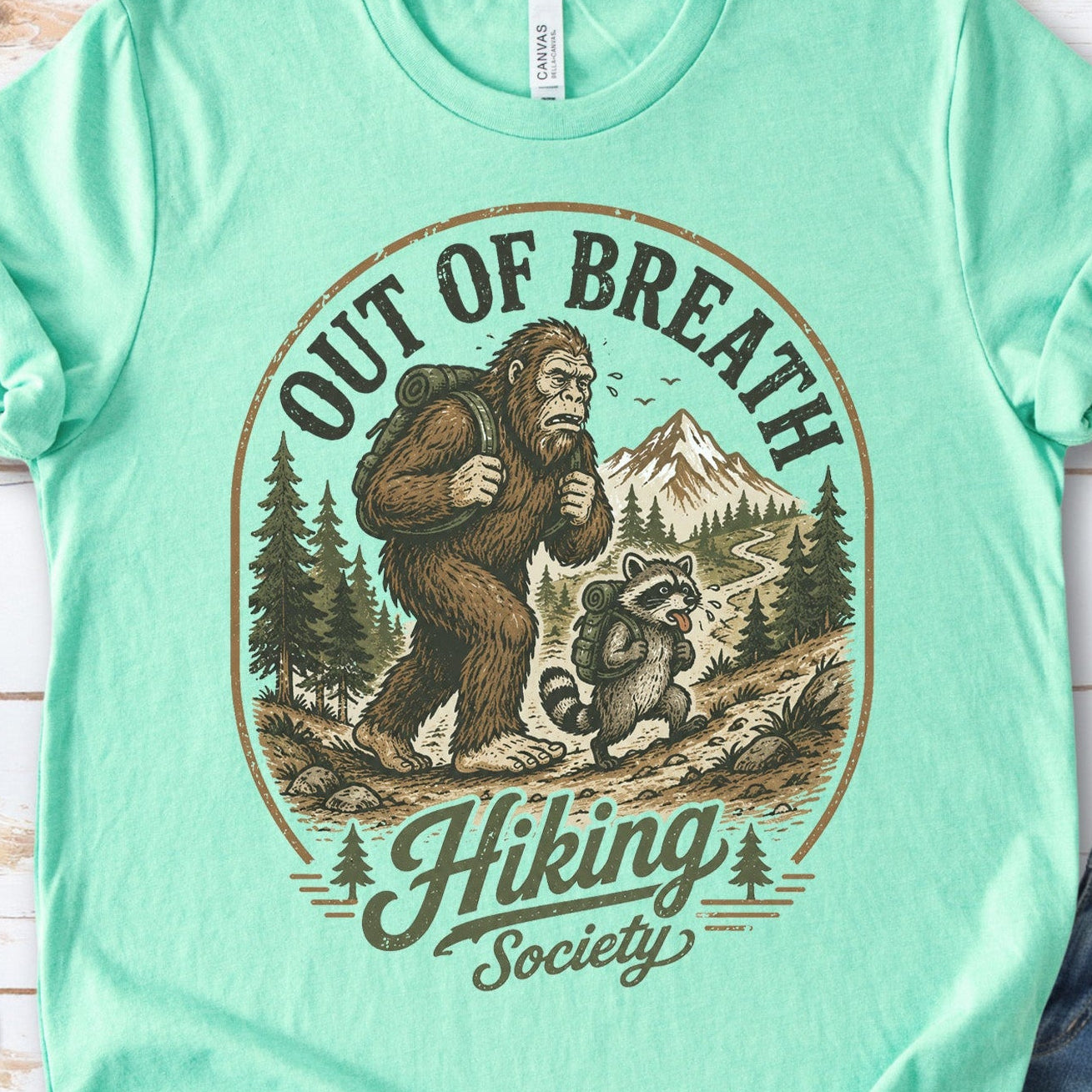 Out of Breath Hiking Society Bigfoot Raccoon Funny Trail T-Shirt