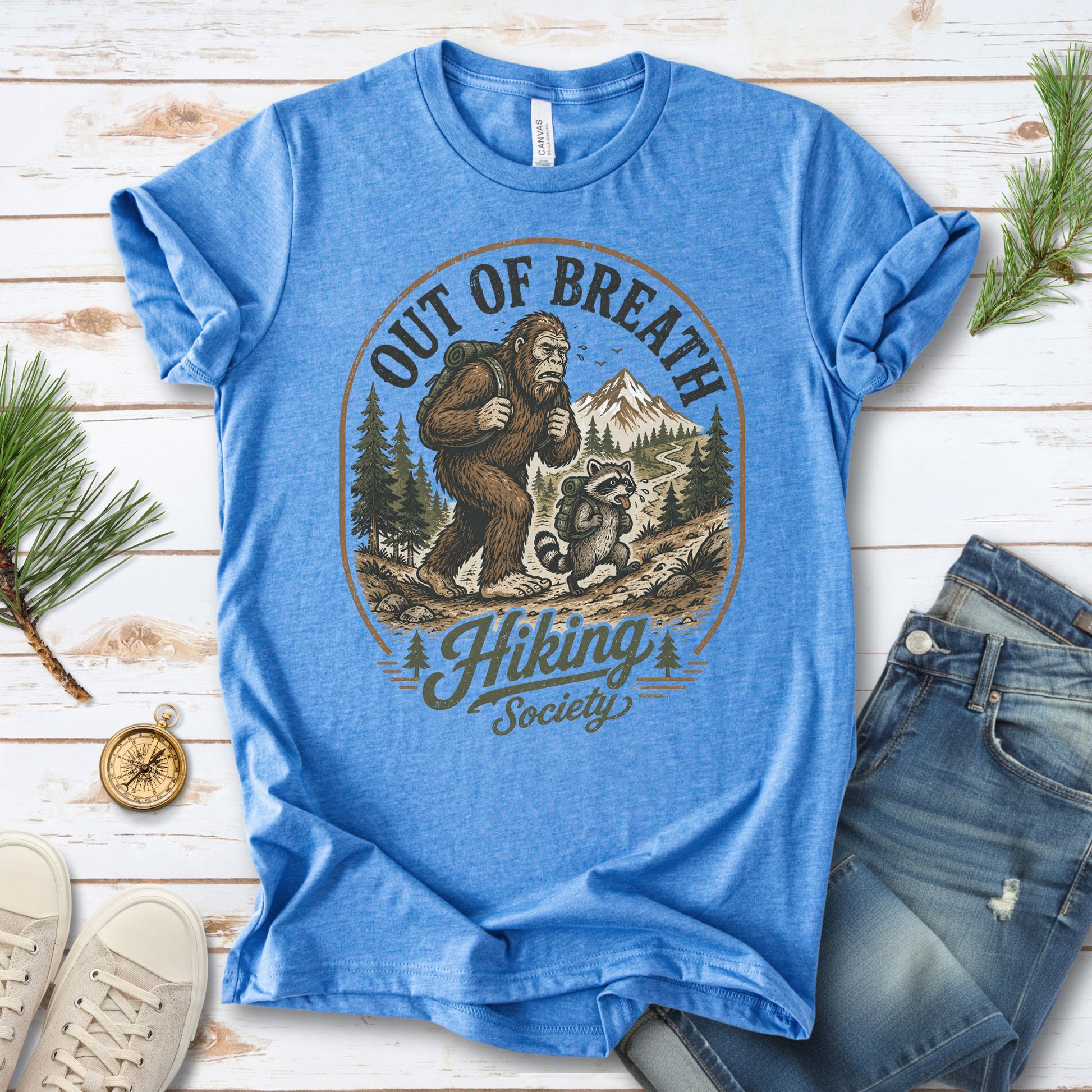 Out of Breath Hiking Society Bigfoot Raccoon Funny Trail T-Shirt