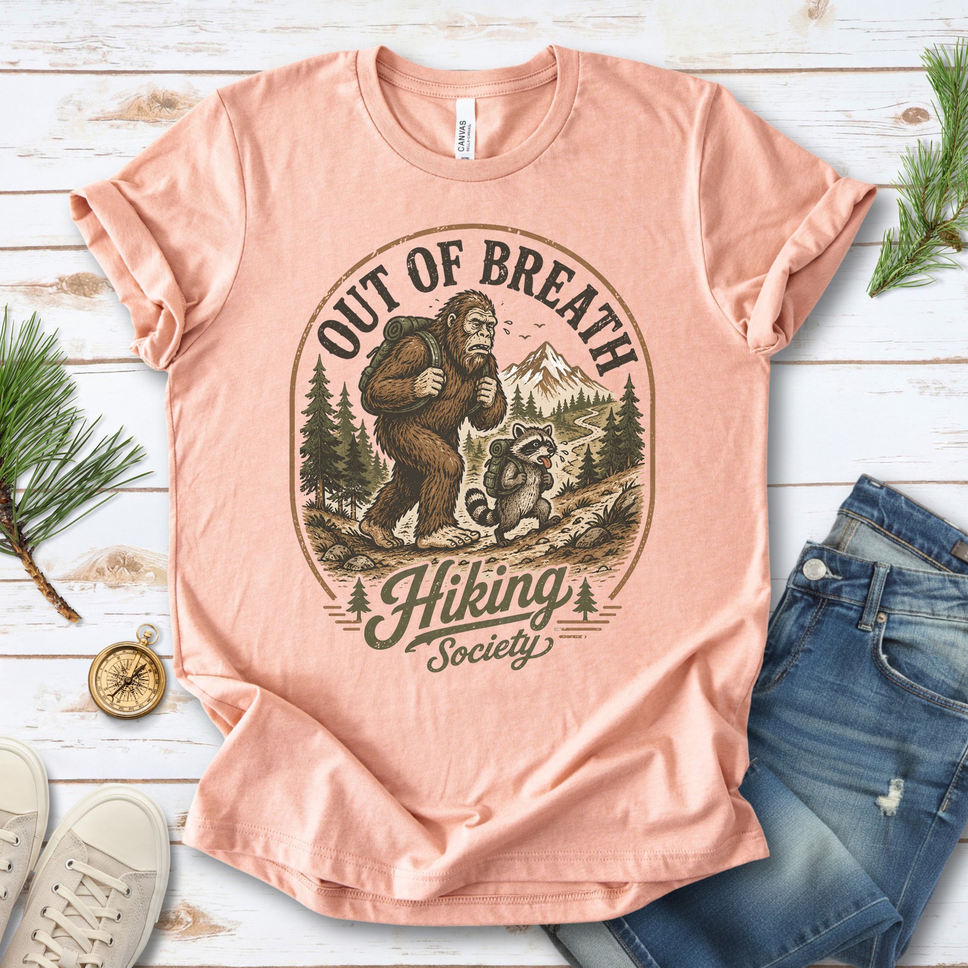 Out of Breath Hiking Society Bigfoot Raccoon Funny Trail T-Shirt