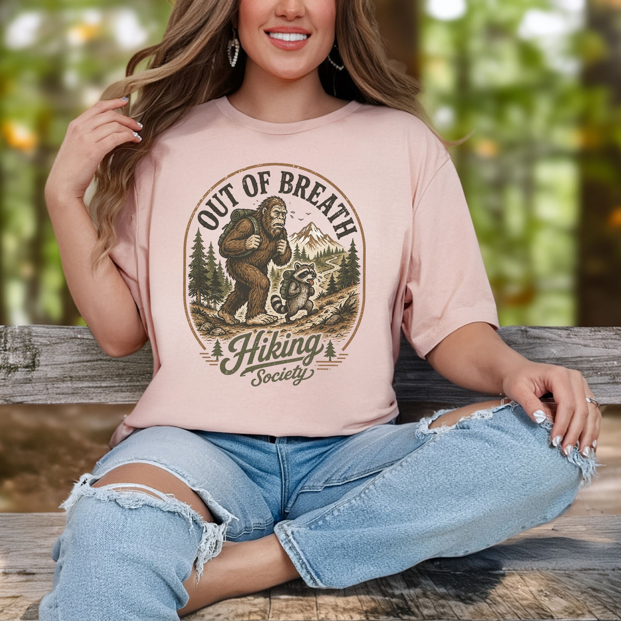 Out of Breath Hiking Society Bigfoot Raccoon Funny Trail T-Shirt