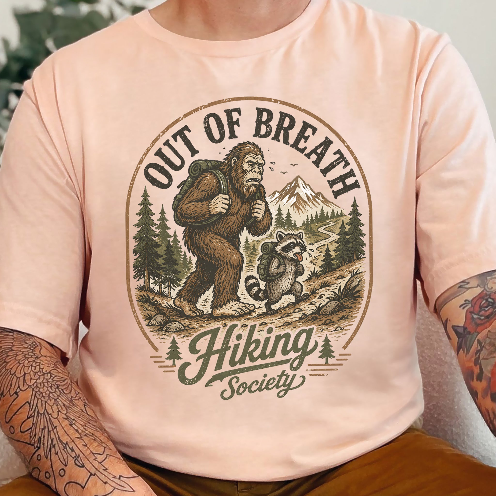 Out of Breath Hiking Society Bigfoot Raccoon Funny Trail T-Shirt