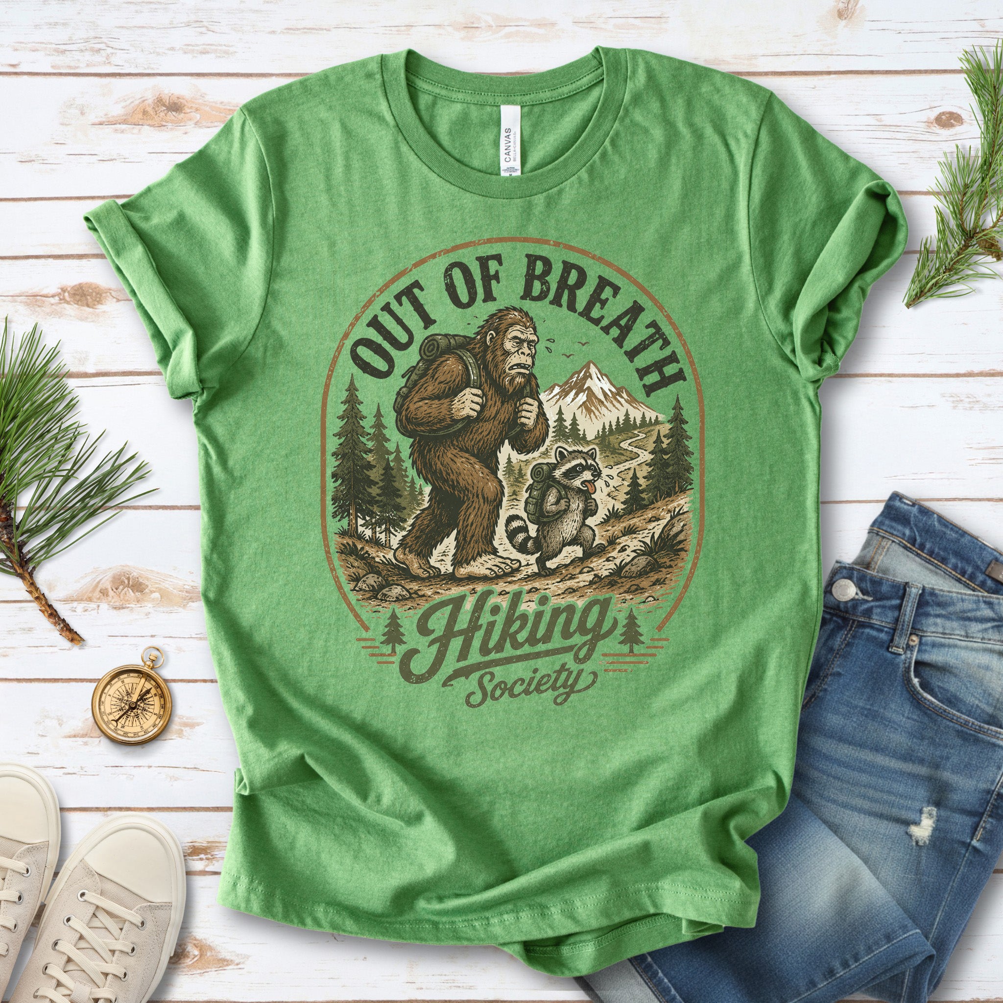 Out of Breath Hiking Society Bigfoot Raccoon Funny Trail T-Shirt