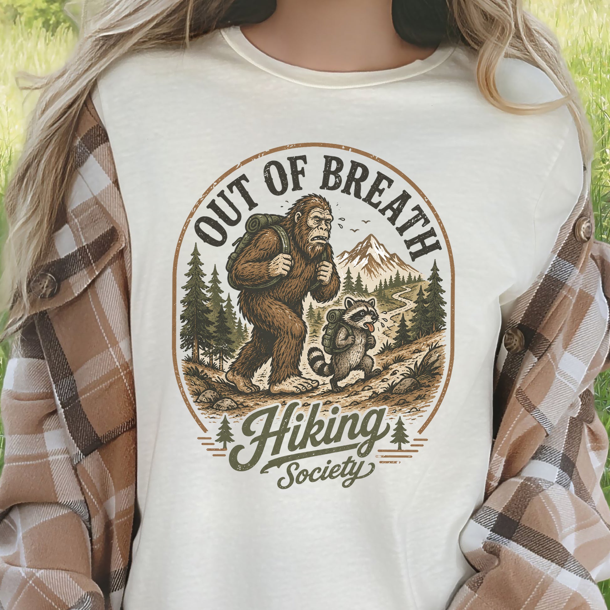 Out of Breath Hiking Society Bigfoot Raccoon Funny Trail T-Shirt