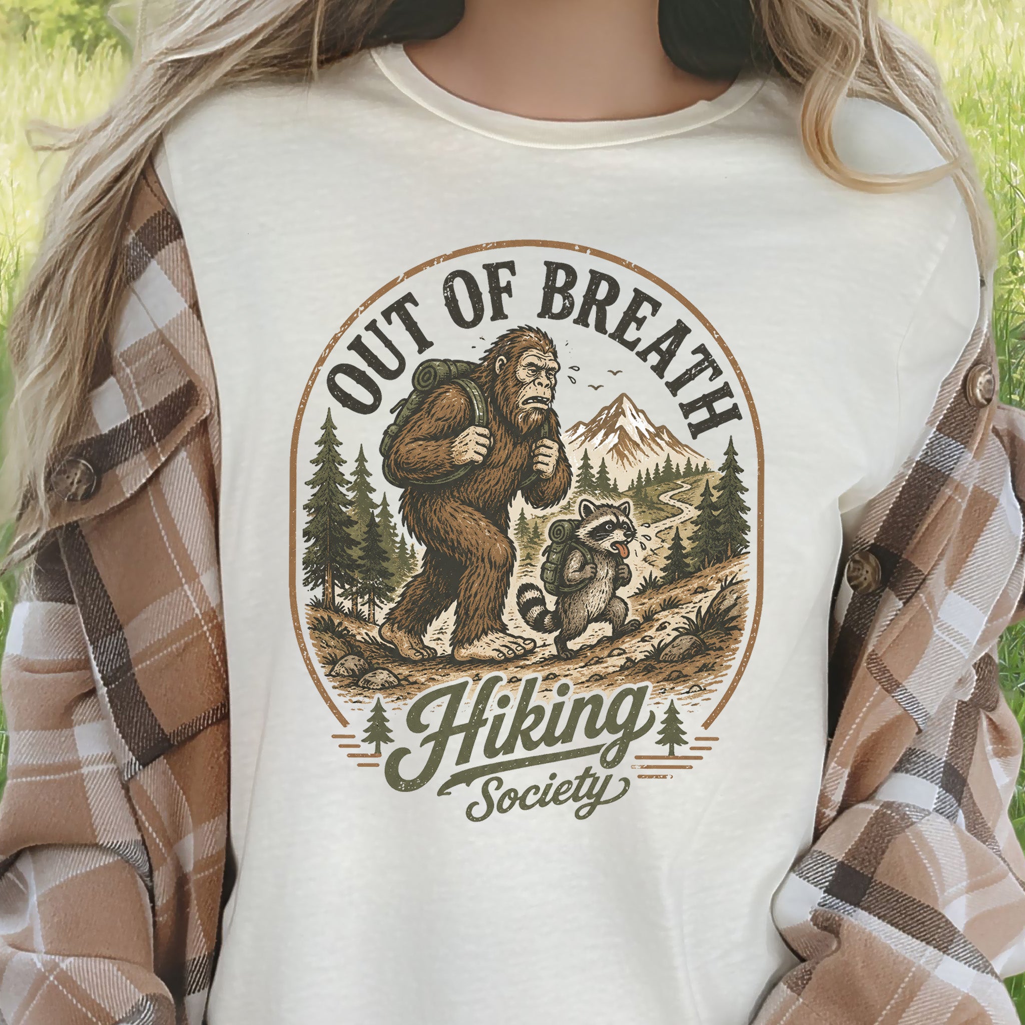 Out of Breath Hiking Society Bigfoot Raccoon Funny Trail T-Shirt