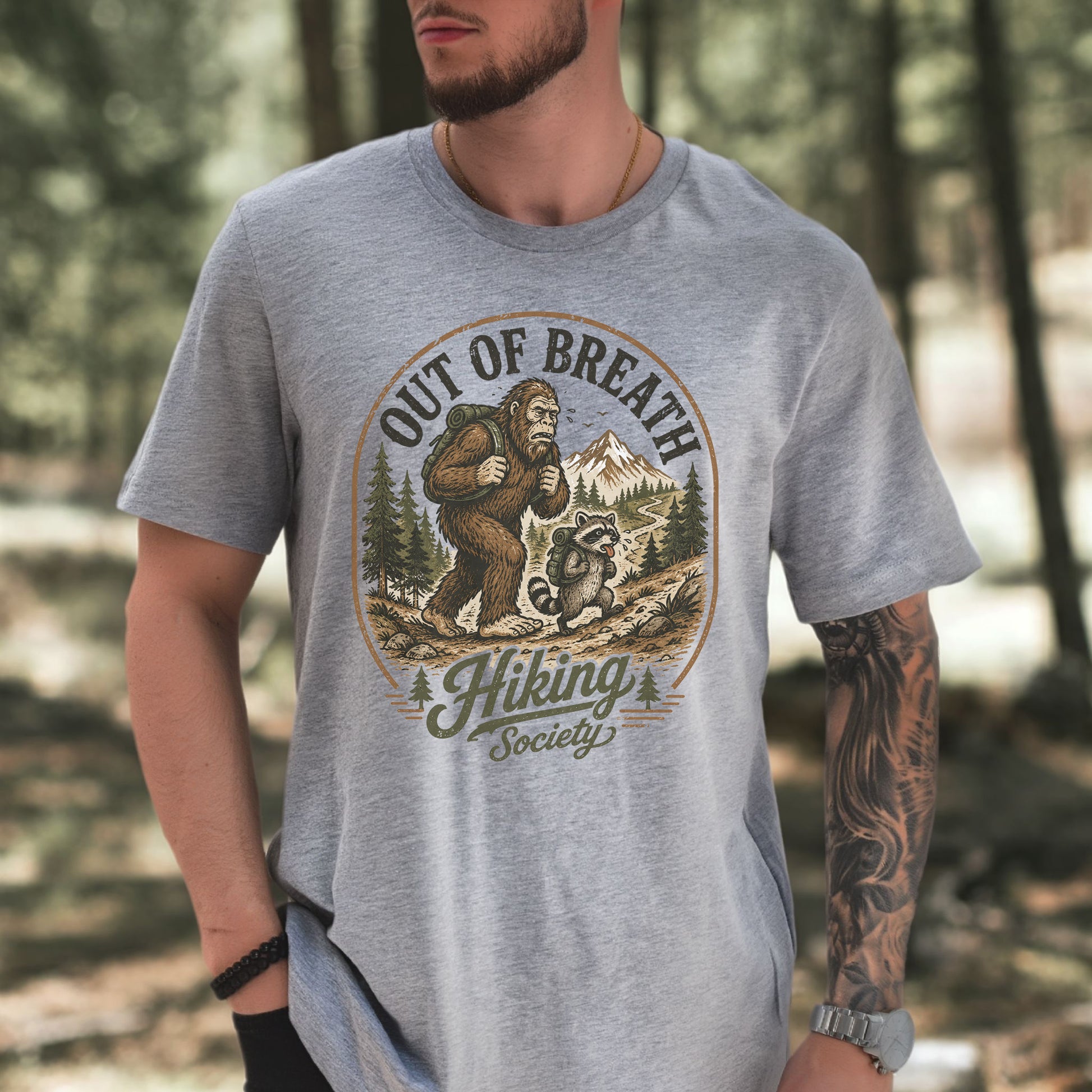 Out of Breath Hiking Society Bigfoot Raccoon Funny Trail T-Shirt