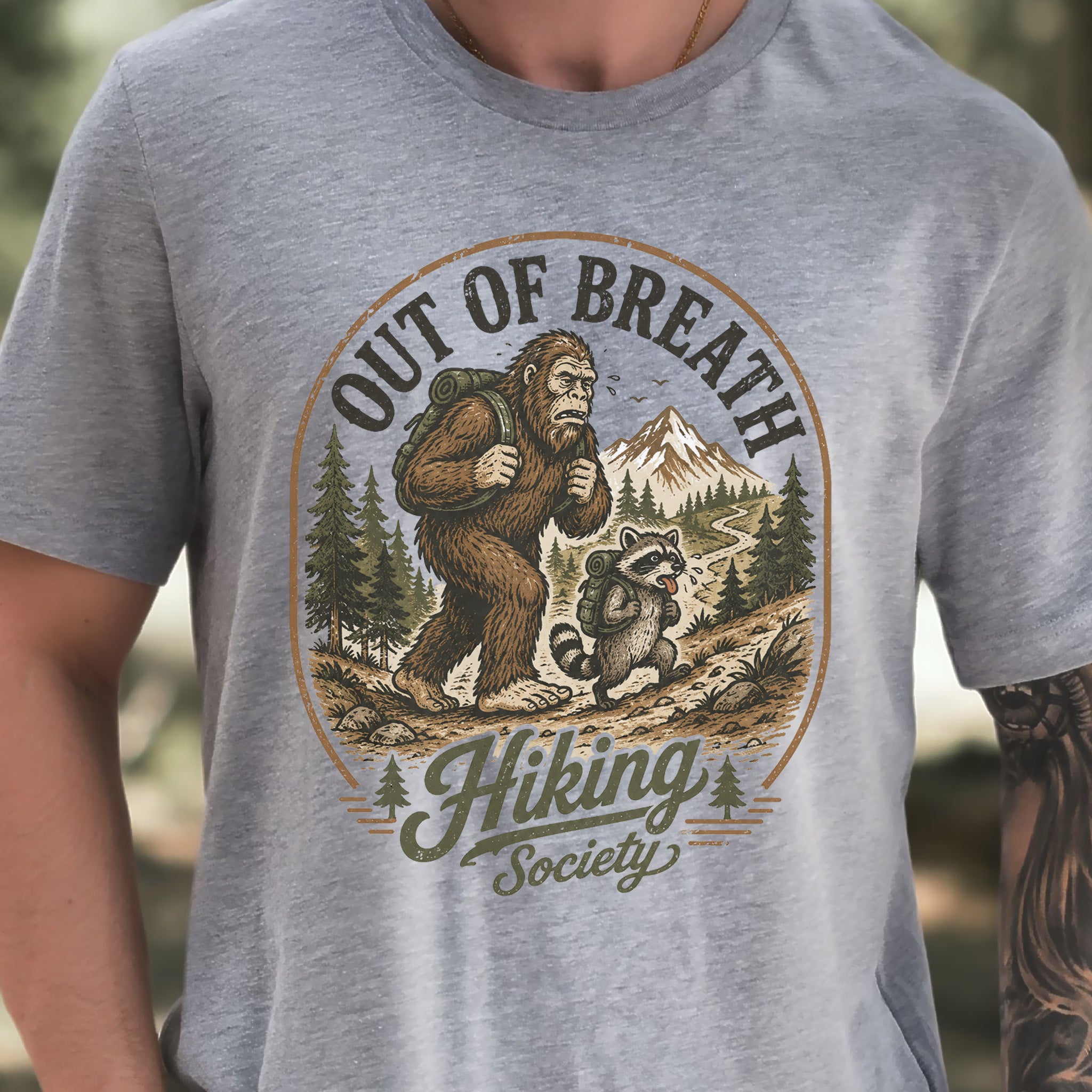 Out of Breath Hiking Society Bigfoot Raccoon Funny Trail T-Shirt