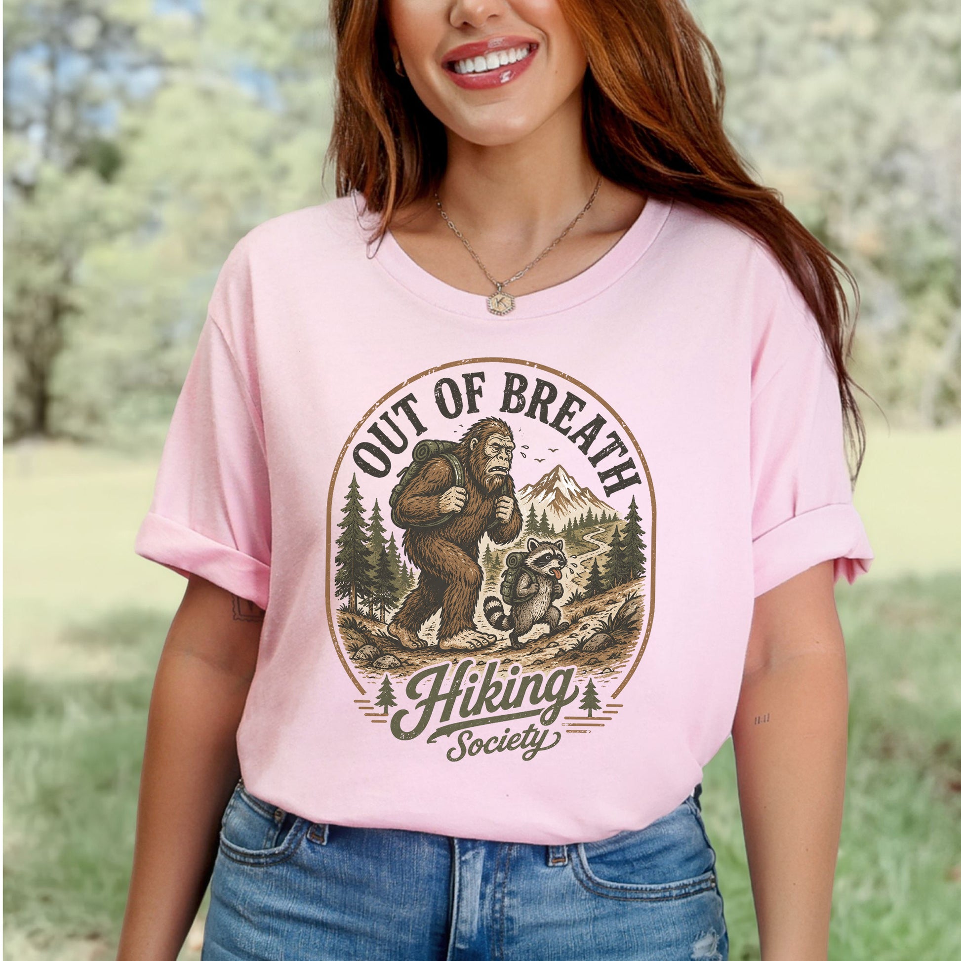 Out of Breath Hiking Society Bigfoot Raccoon Funny Trail T-Shirt