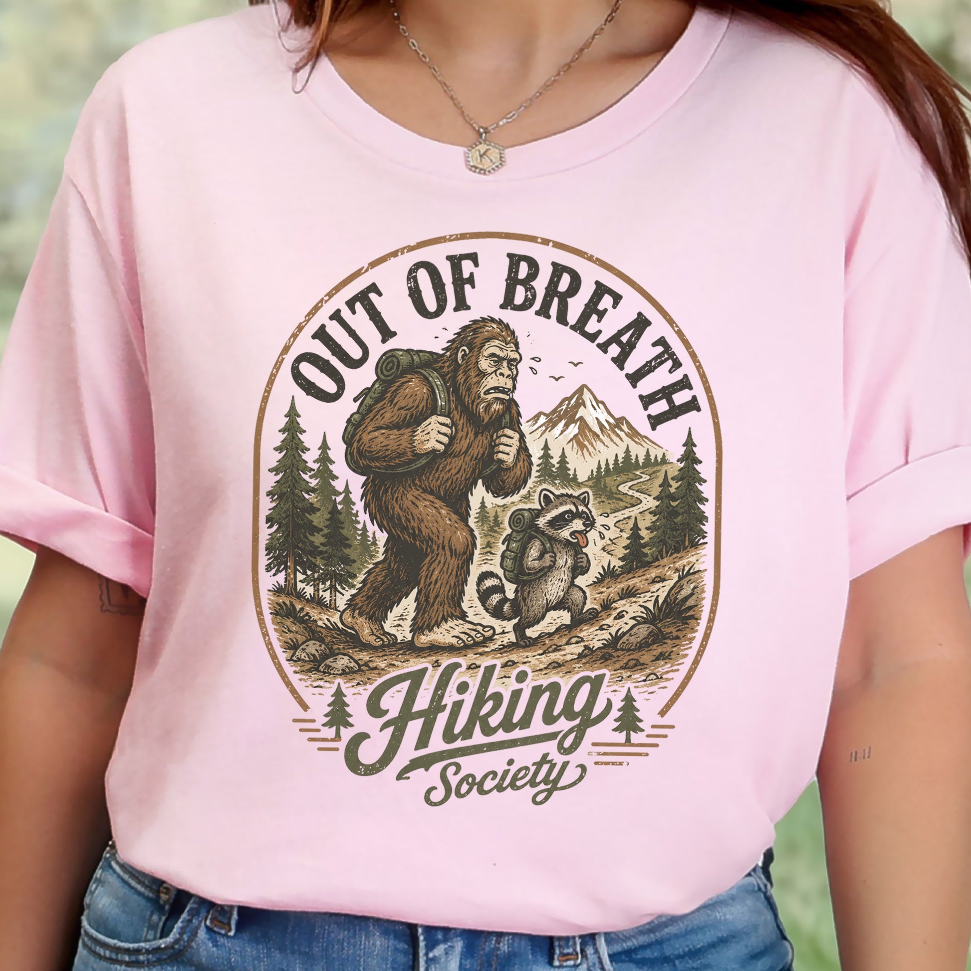 Out of Breath Hiking Society Bigfoot Raccoon Funny Trail T-Shirt