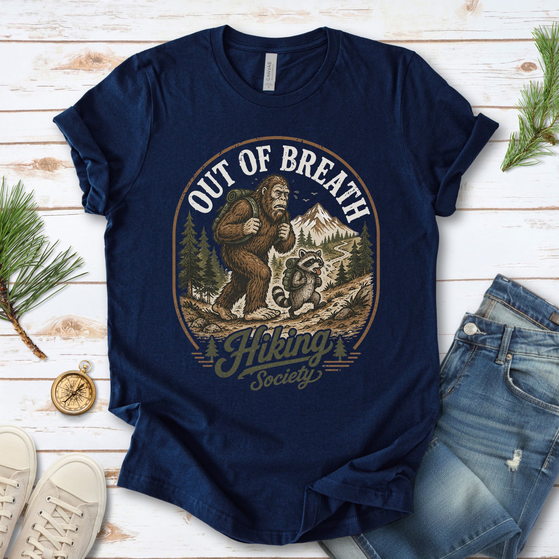 Out of Breath Hiking Society Bigfoot Raccoon Funny Trail T-Shirt