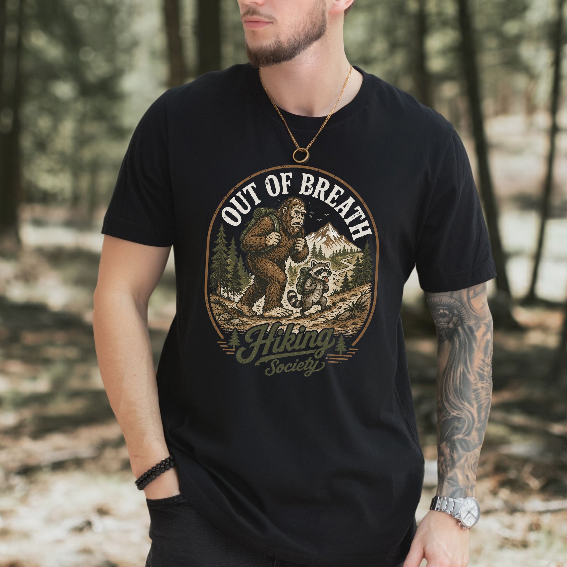 Out of Breath Hiking Society Bigfoot Raccoon Funny Trail T-Shirt