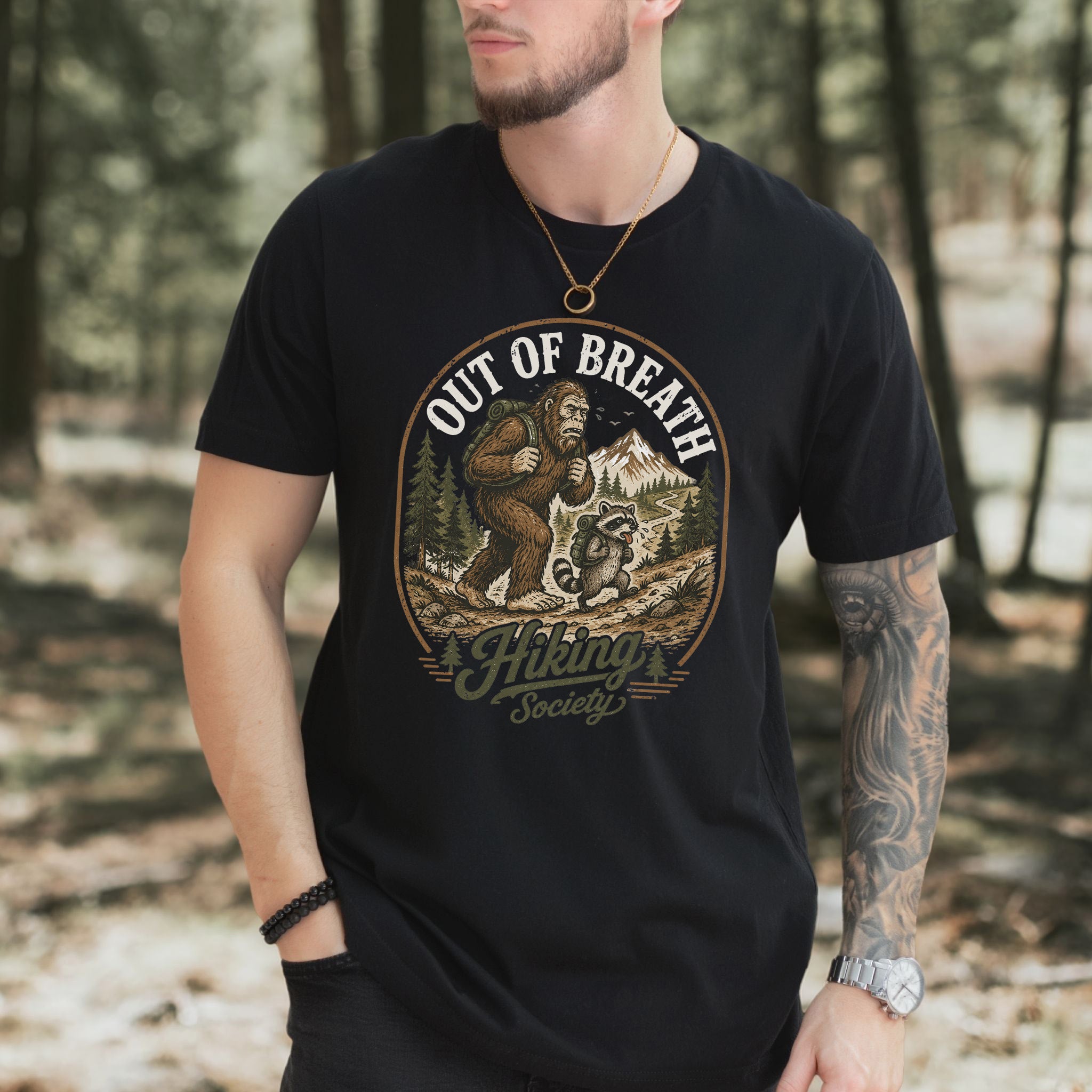 Out of Breath Hiking Society Bigfoot Raccoon Funny Trail T-Shirt