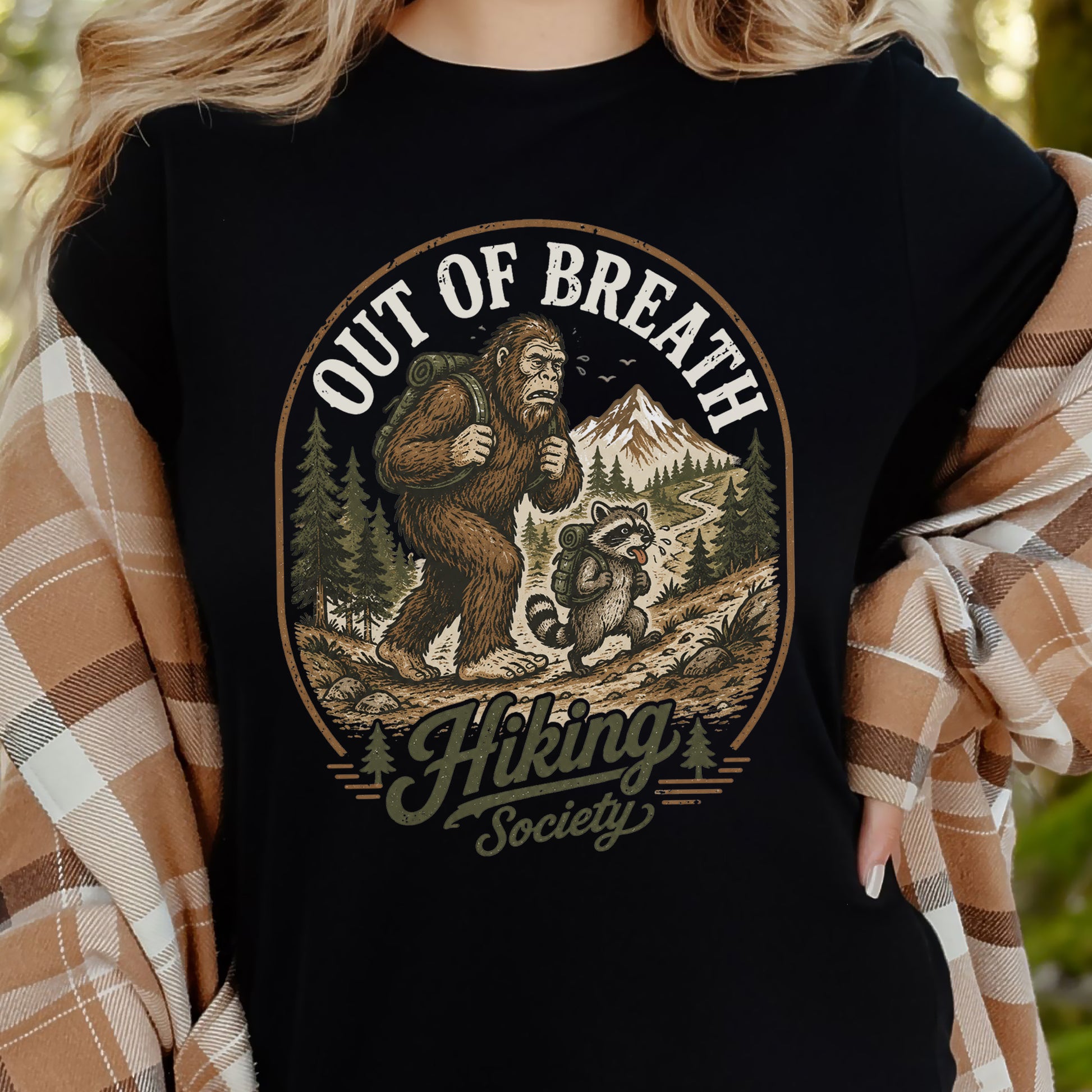 Out of Breath Hiking Society Bigfoot Raccoon Funny Trail T-Shirt