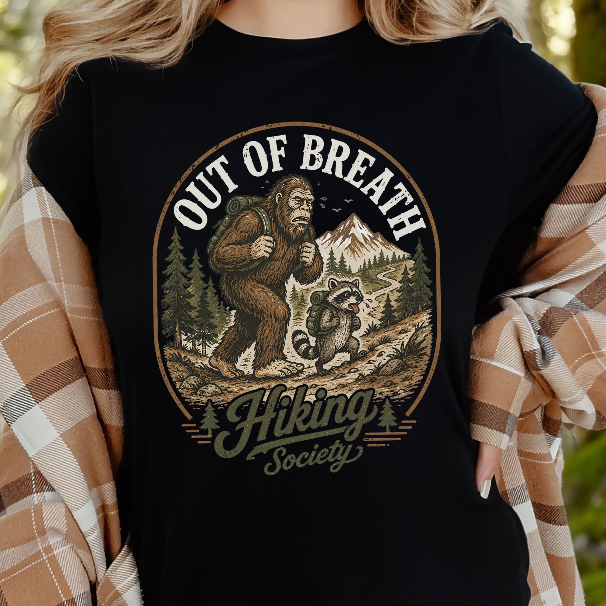 Out of Breath Hiking Society Bigfoot Raccoon Funny Trail T-Shirt