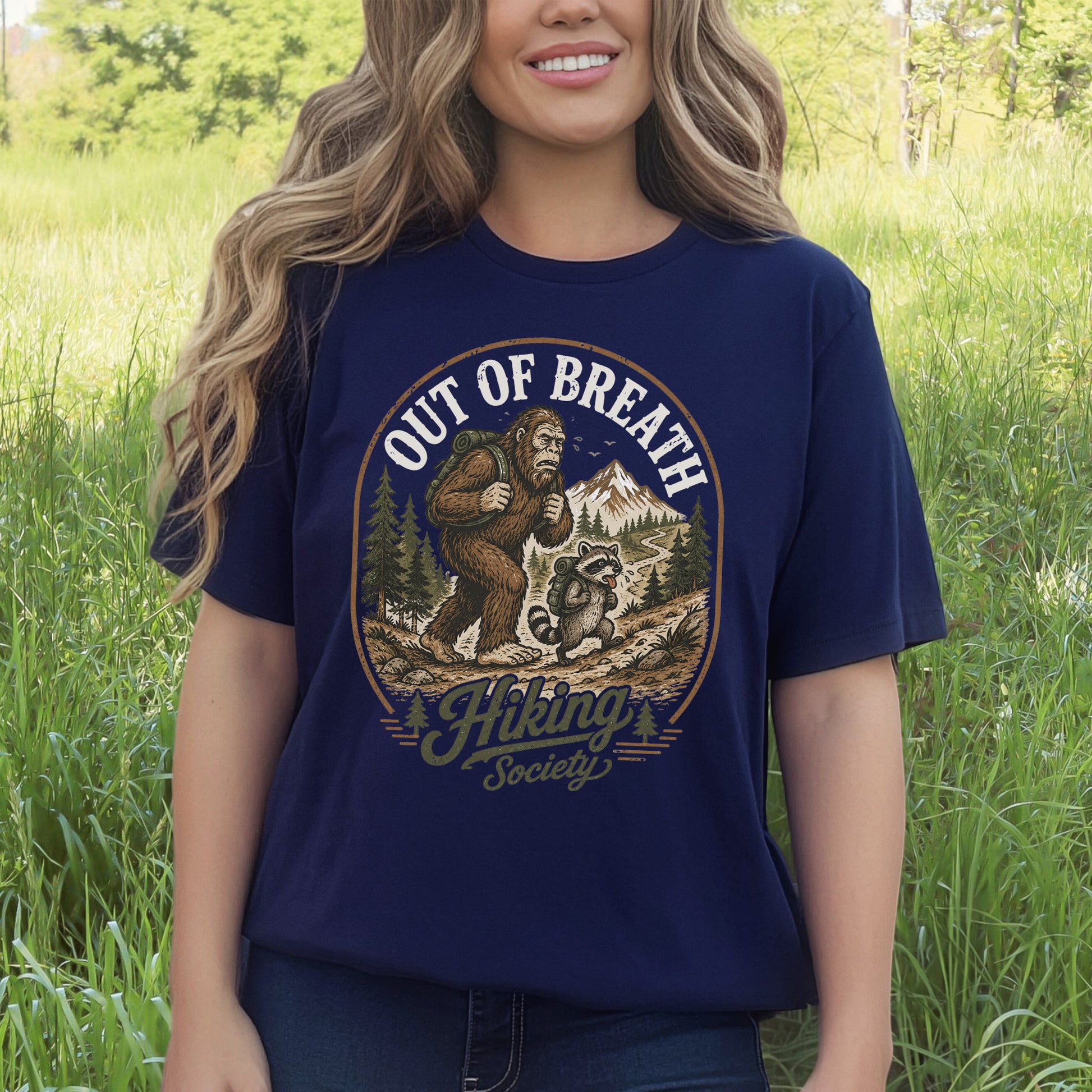 Out of Breath Hiking Society Bigfoot Raccoon Funny Trail T-Shirt