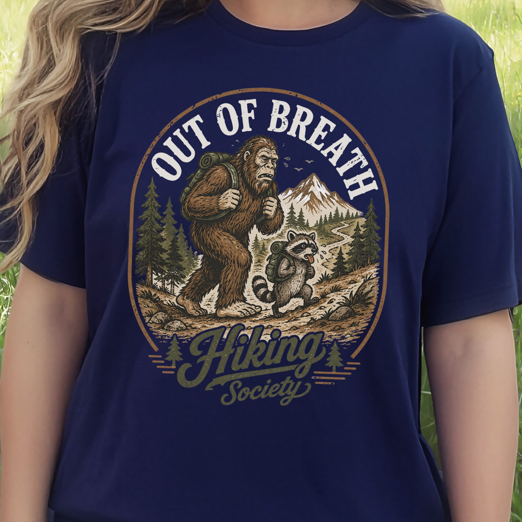 Out of Breath Hiking Society Bigfoot Raccoon Funny Trail T-Shirt