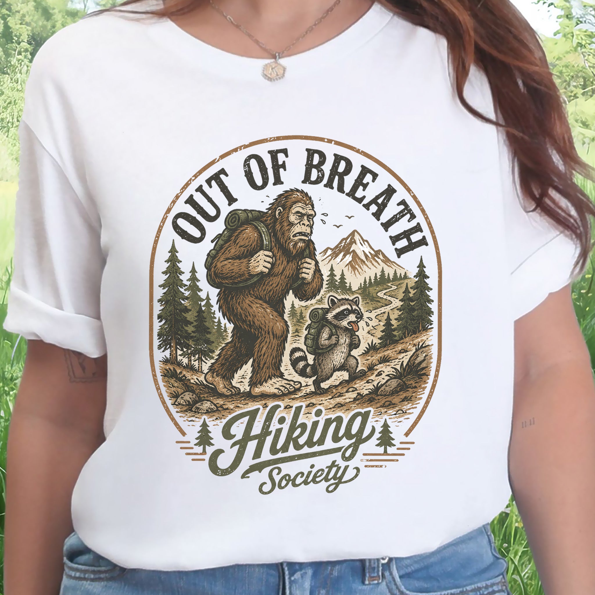 Out of Breath Hiking Society Bigfoot Raccoon Funny Trail T-Shirt