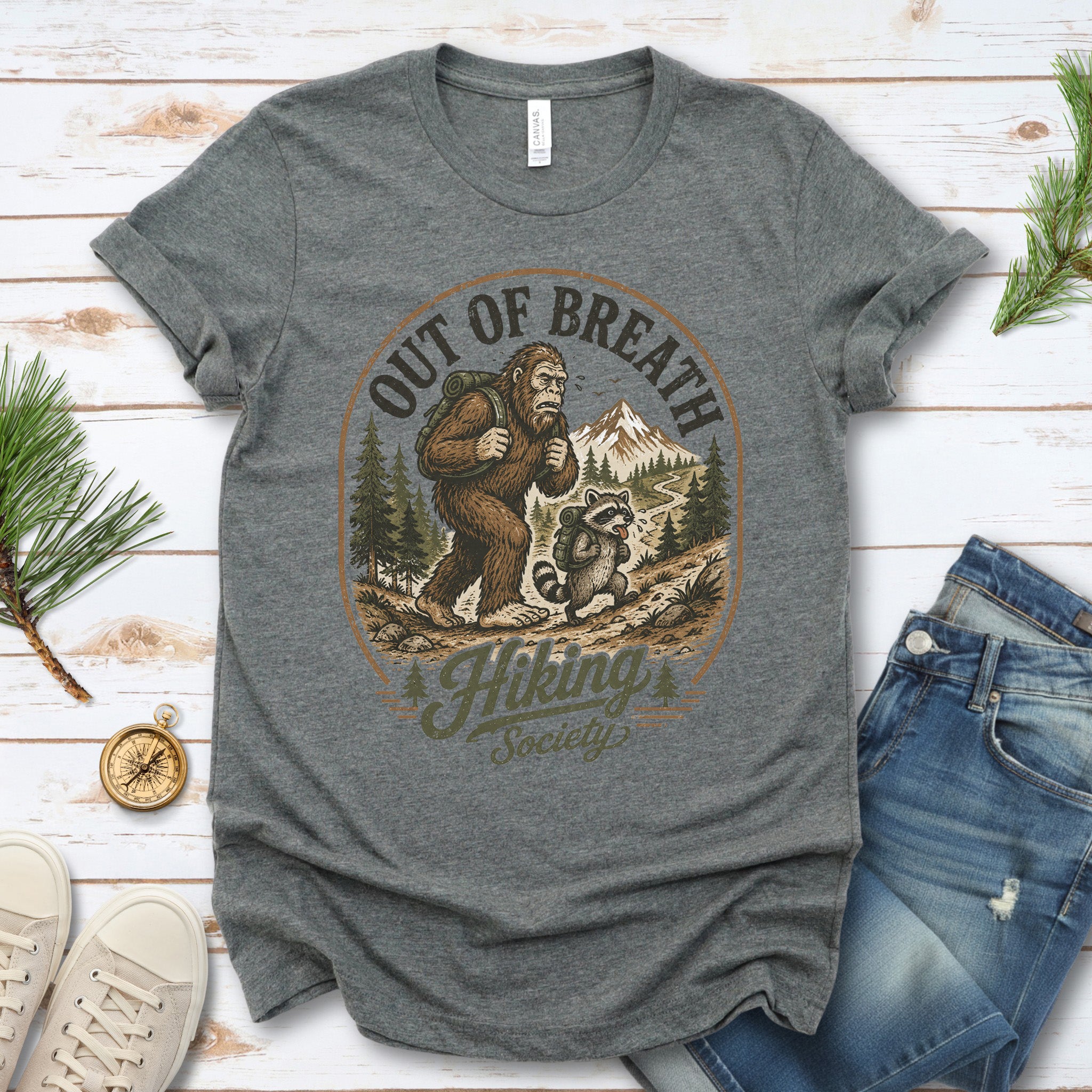 Out of Breath Hiking Society Bigfoot Raccoon Funny Trail T-Shirt