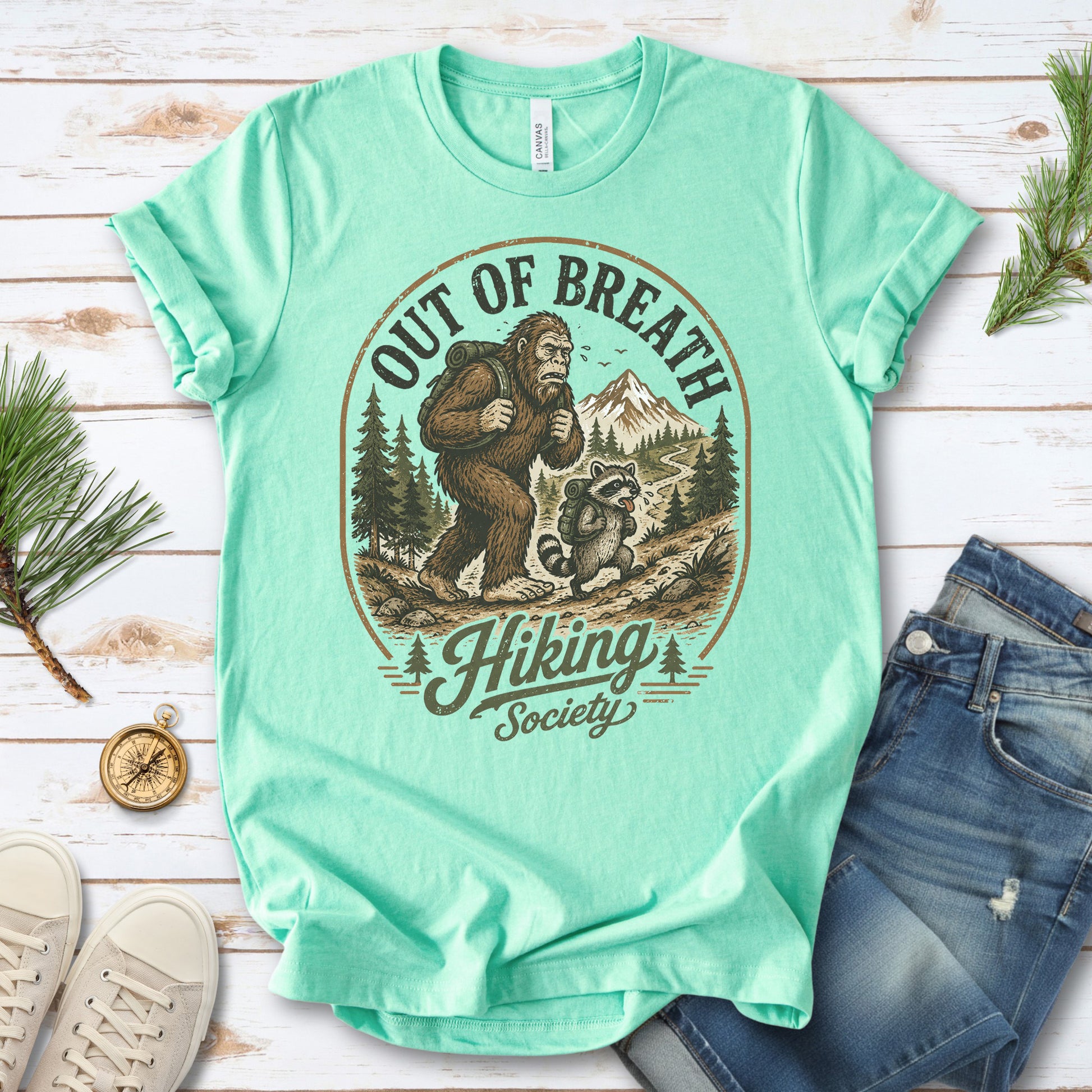 Out of Breath Hiking Society Bigfoot Raccoon Funny Trail T-Shirt