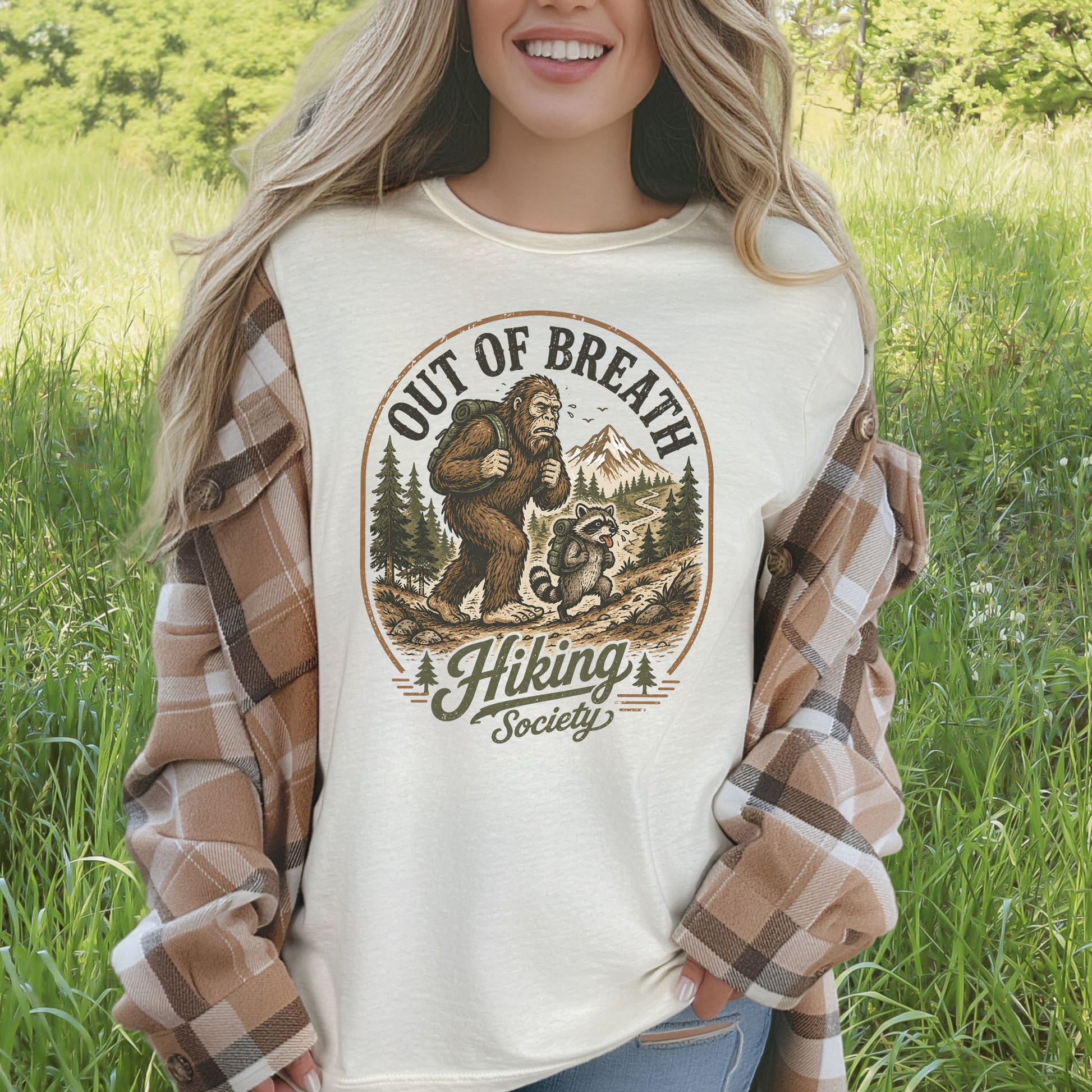 Out of Breath Hiking Society Bigfoot Raccoon Funny Trail T-Shirt