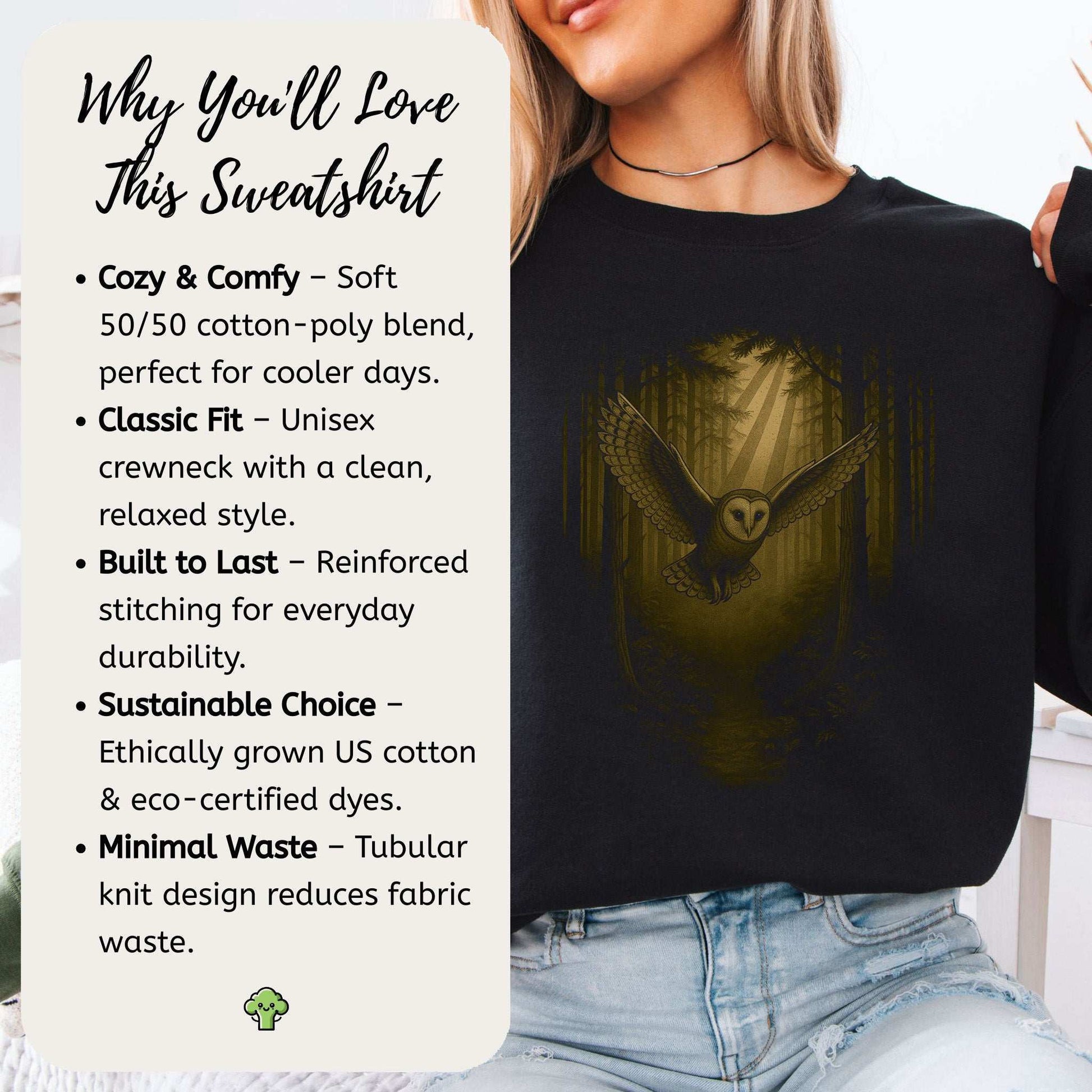 Barn Owl Spirit Animal Sweatshirt – Mystical Forest Flight showcasing cozy fit and owl design, perfect for twilight adventures.