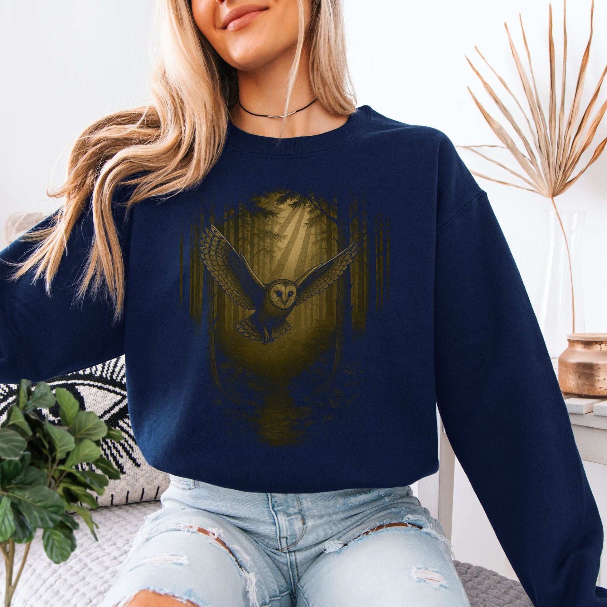 Barn Owl Spirit Animal Sweatshirt – Mystical Forest Flight worn by a model, featuring an owl design against a forest backdrop.