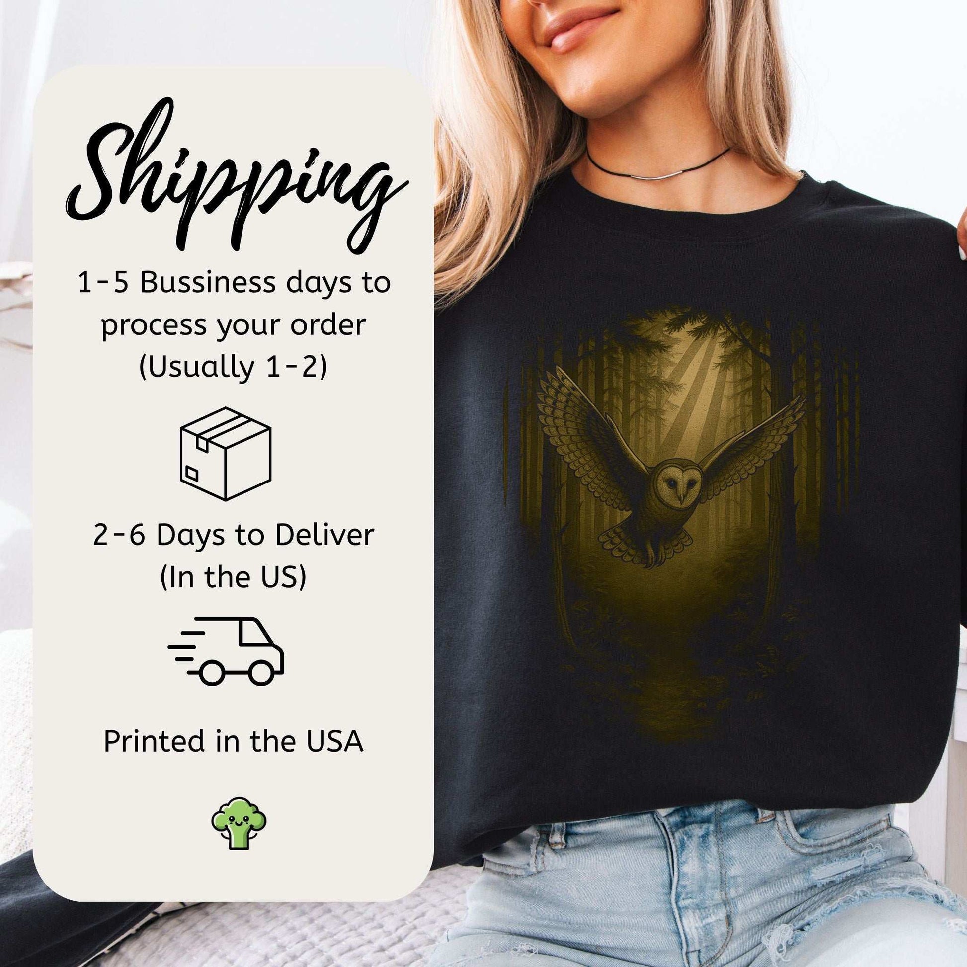 Barn Owl Spirit Animal Sweatshirt – Mystical Forest Flight with shipping details and model wearing it in a forest setting.