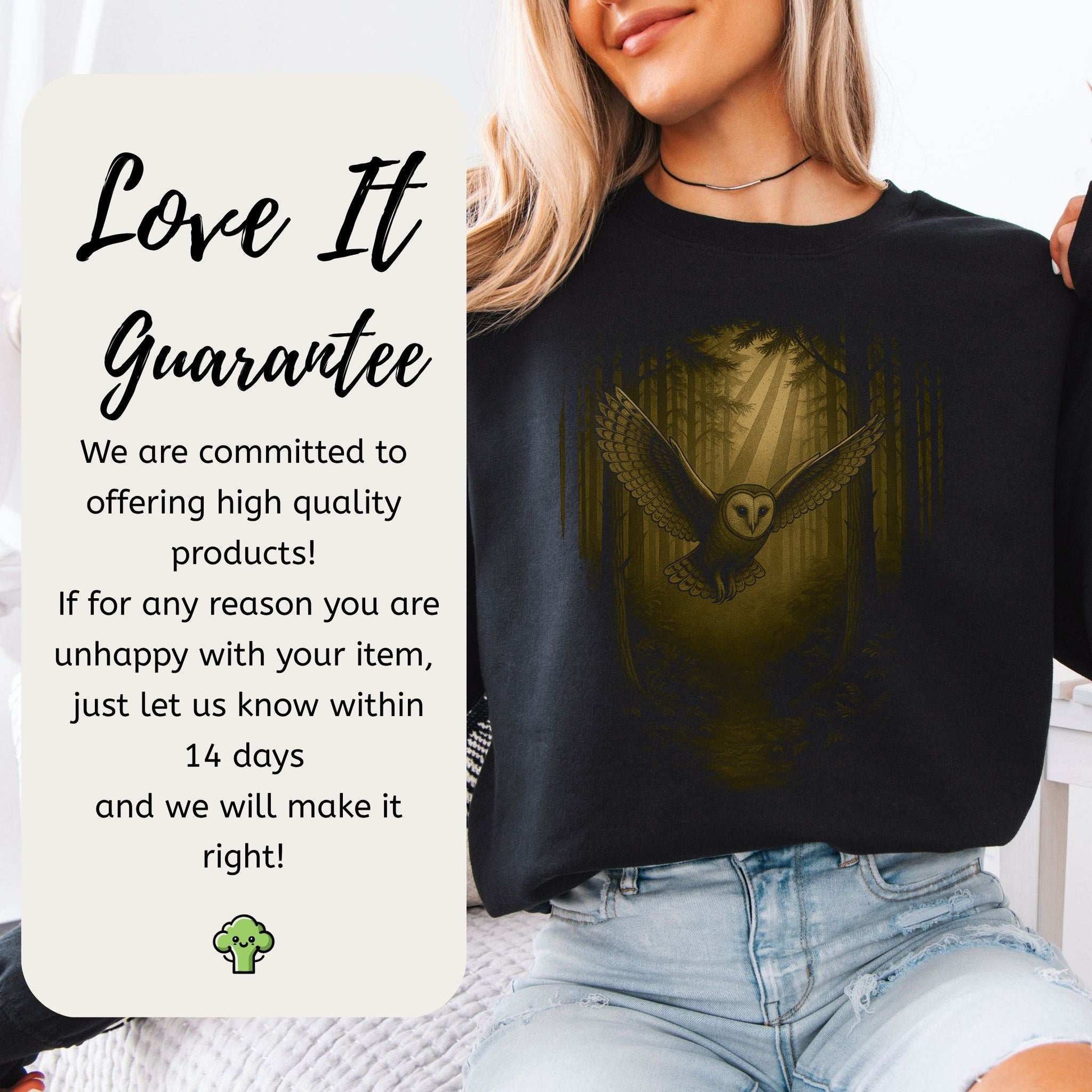 Barn Owl Spirit Animal Sweatshirt – Mystical Forest Flight, featuring a mystical owl design in a forest setting.