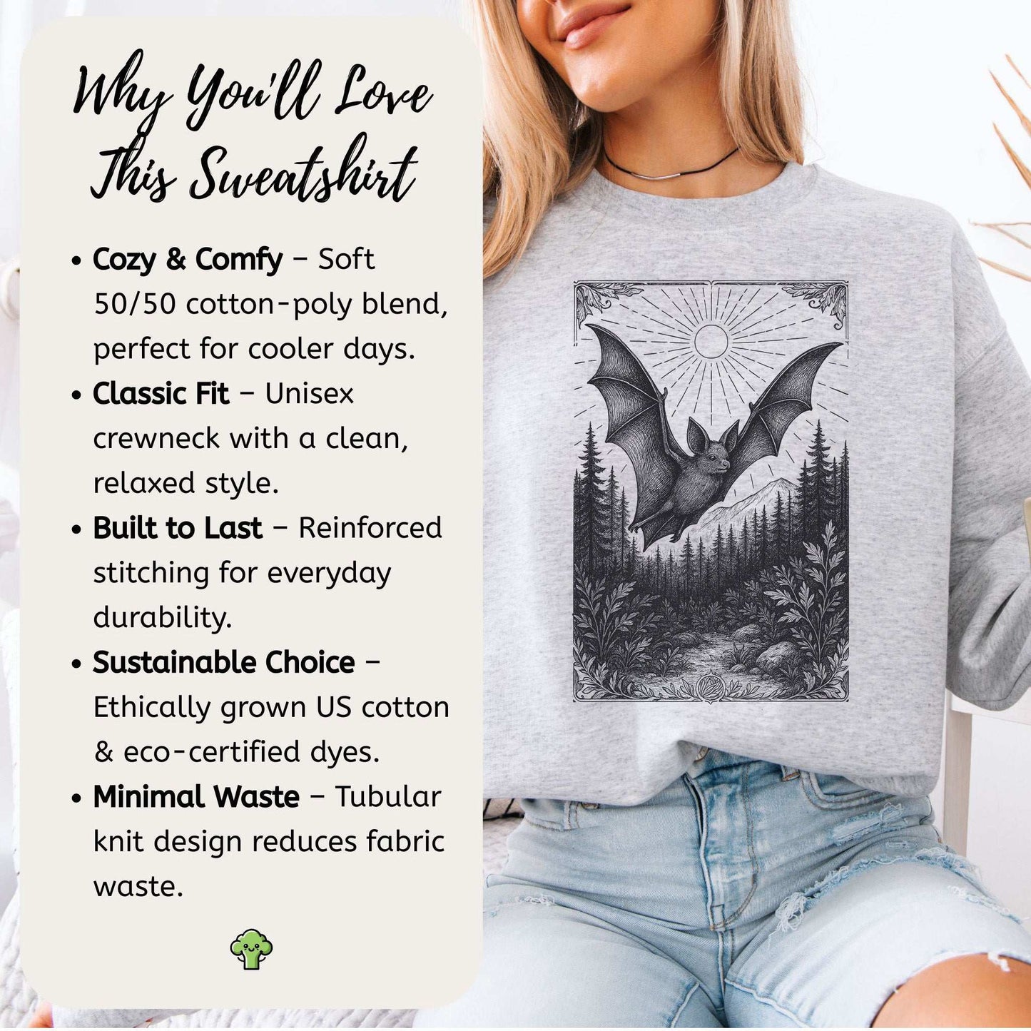 Nocturnal Guide Bat Spirit Animal Sweatshirt featuring mystical bat design and cozy cotton blend fabric.