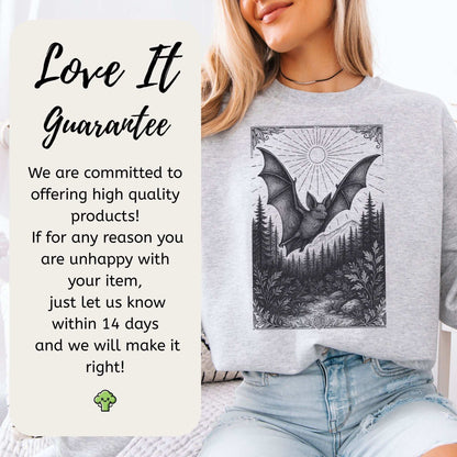 Nocturnal Guide bat spirit animal sweatshirt with vintage bat design and Love It Guarantee statement.