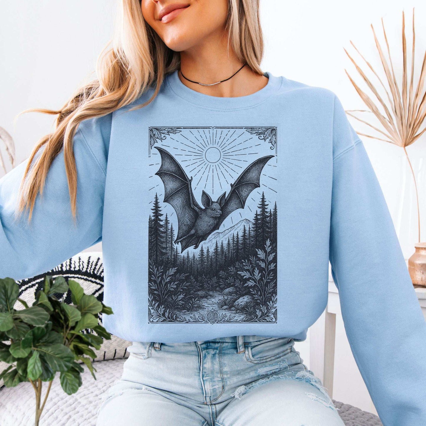 Nocturnal Guide Bat Spirit Animal Sweatshirt featuring a mystical bat design and forest scenery.